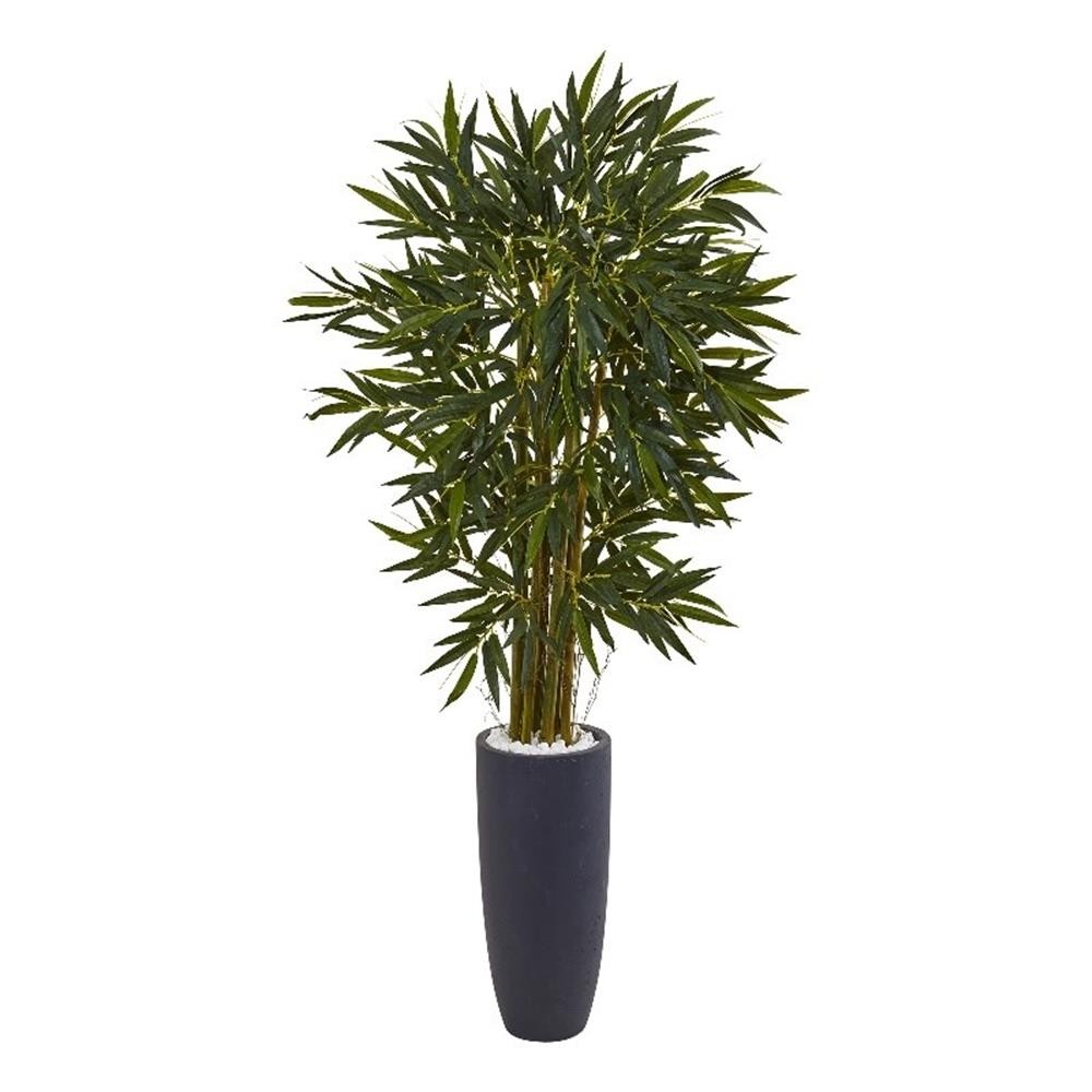 Pemberly Row 78″ Bamboo Artificial Tree in Gray Cylinder Planter in Green/Gray