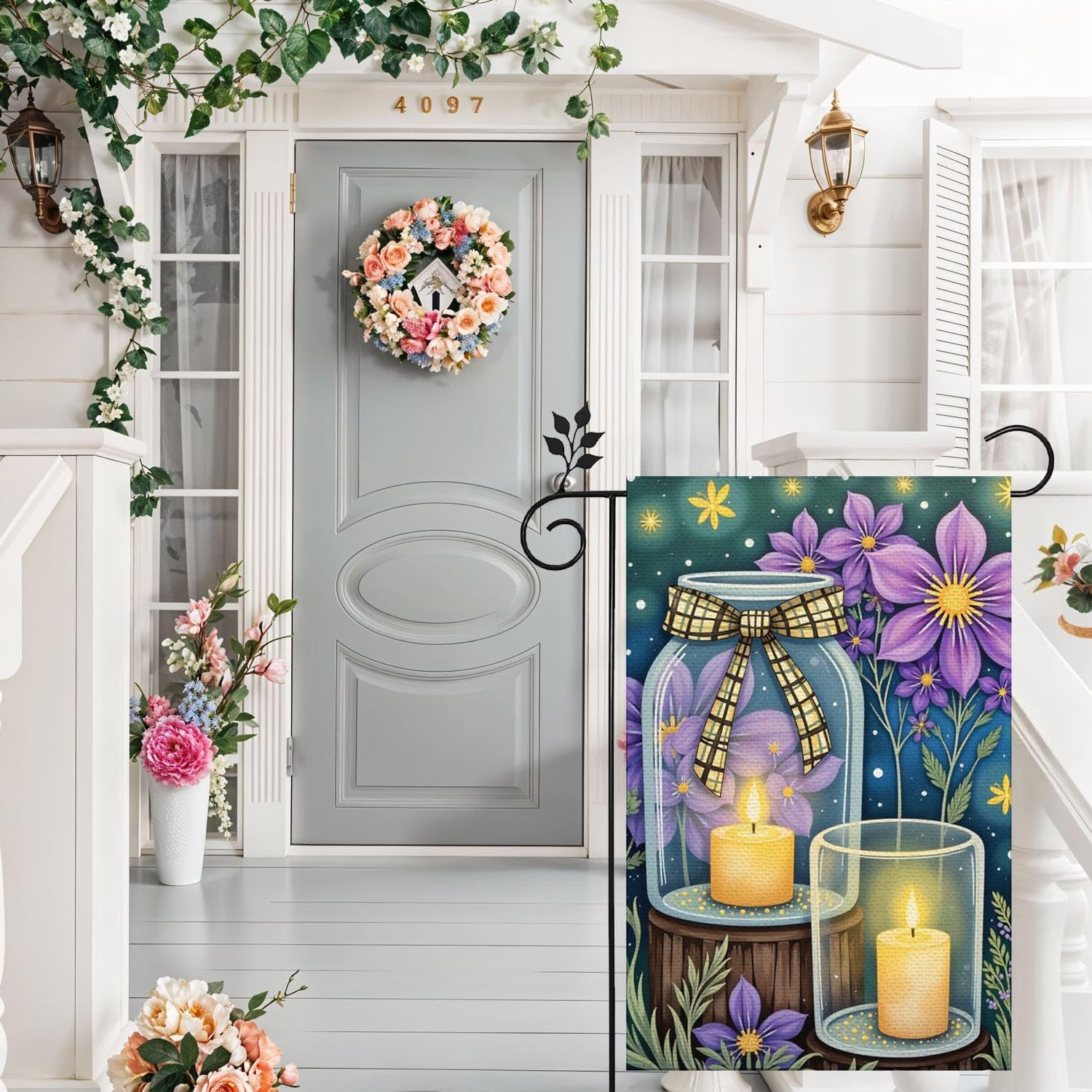 Spring Vase Colorful Flowers Daffodil Daisies Tulip Firefly Candle Garden Flag 1