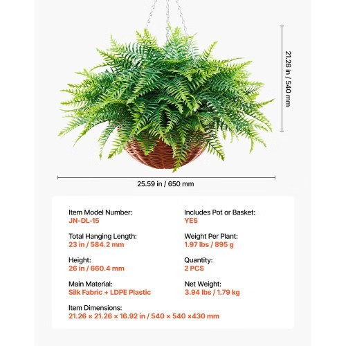 Artificial Ferns, 2 Pcs Fake Hanging Boston Fern Bush Plant with 23 Inch Hanging