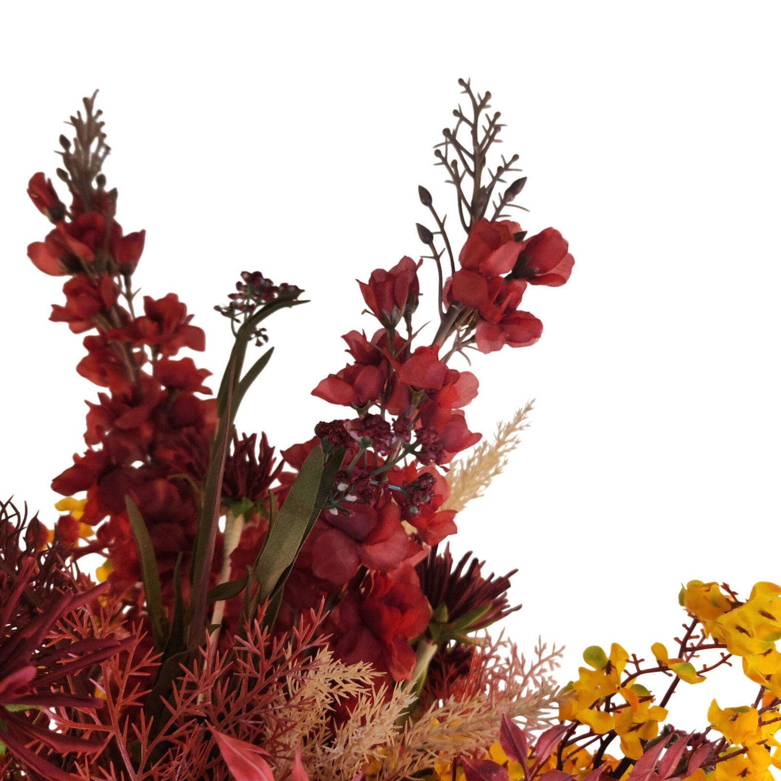 Hand Tied Artificial Flower Bouquet With Dark Reds and Yellow Wildflower mixture