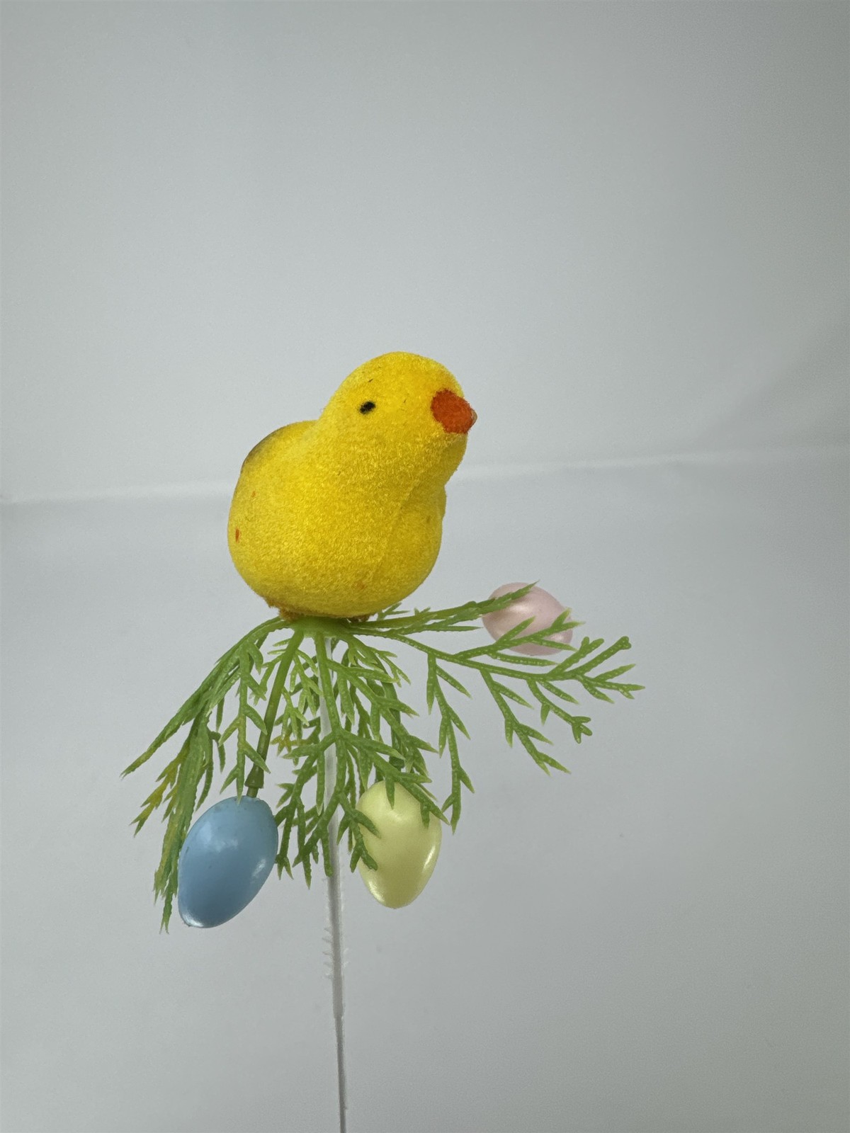Vtg Easter Flocked Yellow Chick Floral Pick Greenery Spray Plastic Eggs 13″