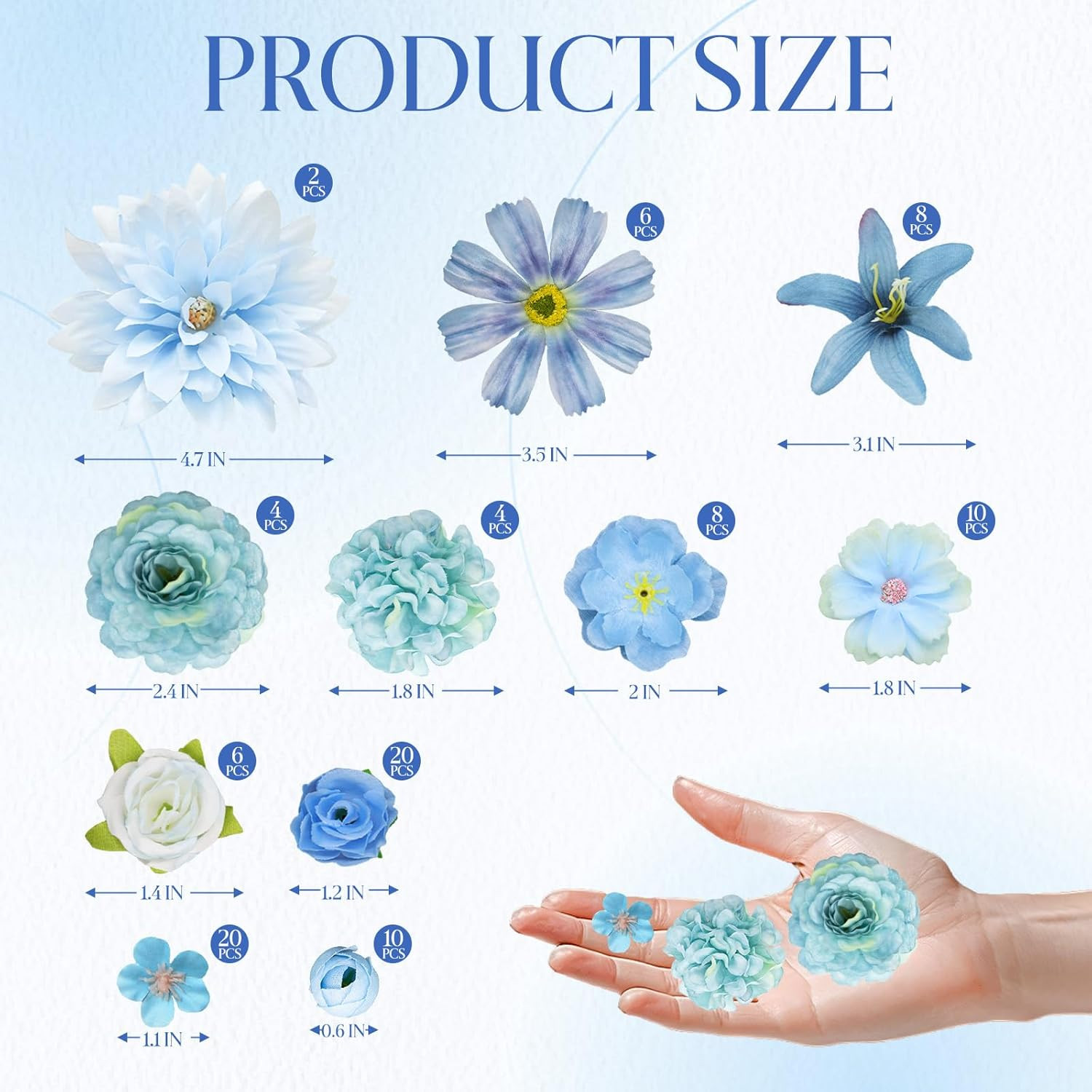 Artificial Flowers Combo, Mix Blue Silk Faux Flower Heads with Stems, Fake Flowe