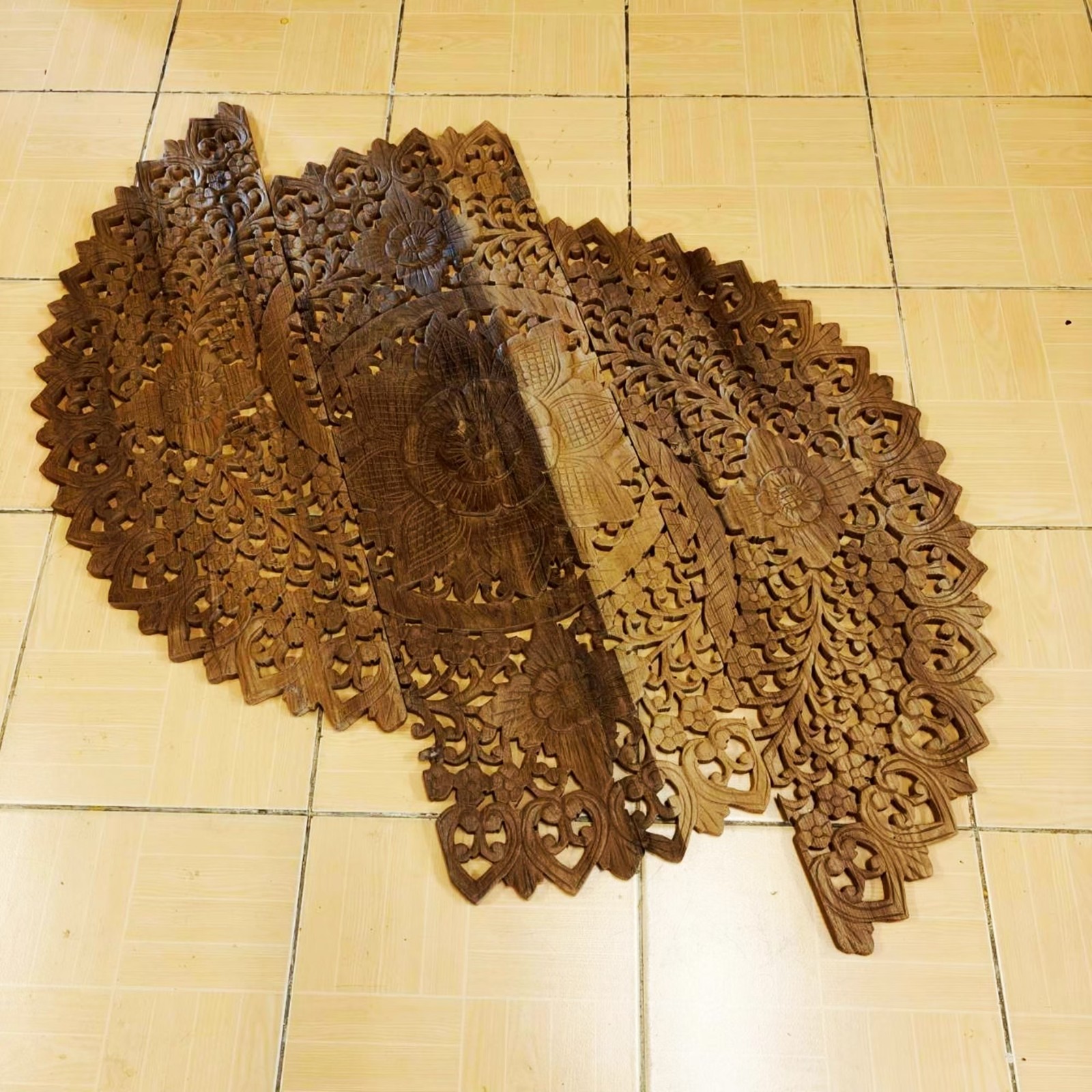 36″ Natural Brown Wood Mandala Wall Art Hand Carved Rain Tree Tropical Decor #F