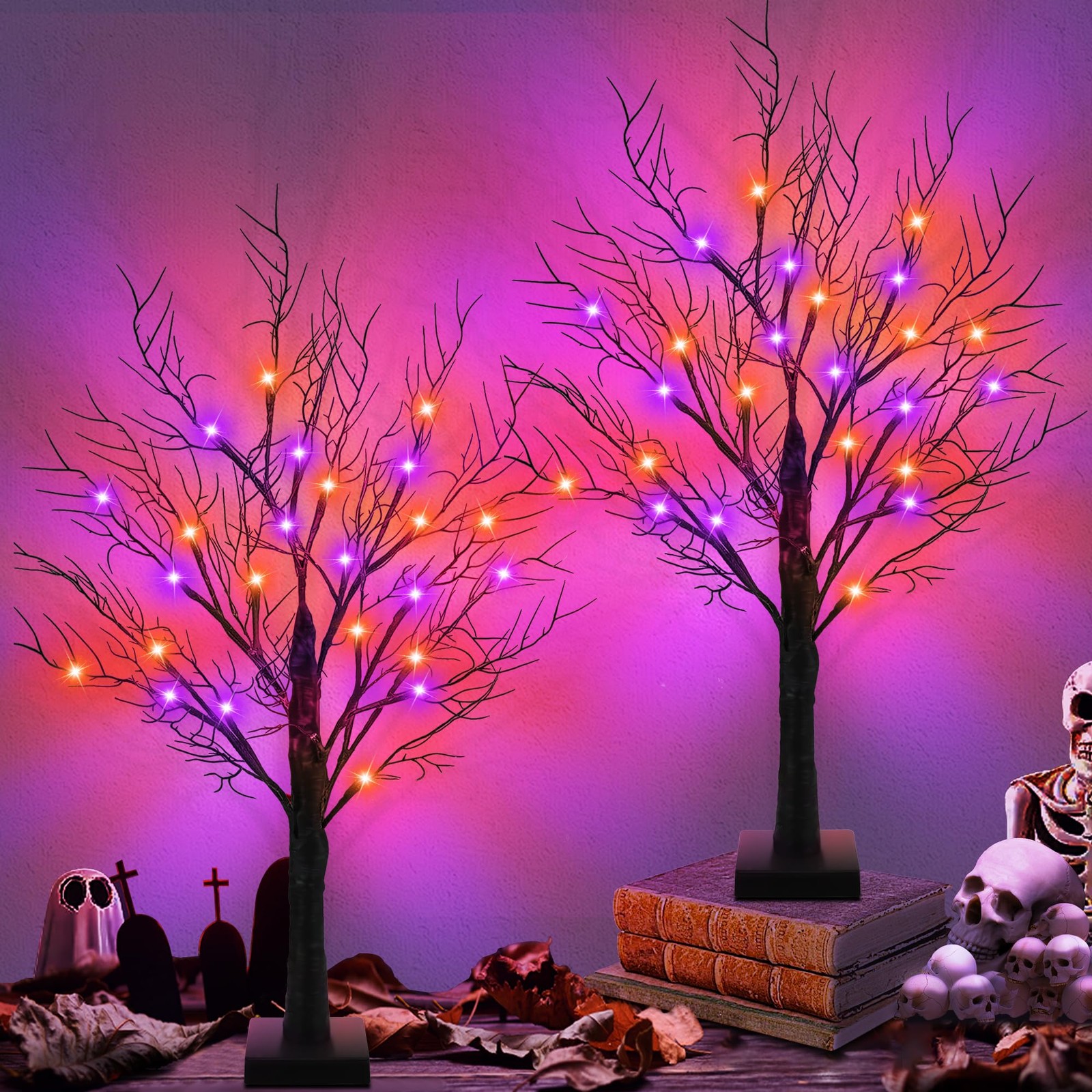 Halloween Decorations 2 Pack 24 Inch Halloween Tree 24 Orange & Purple Lights
