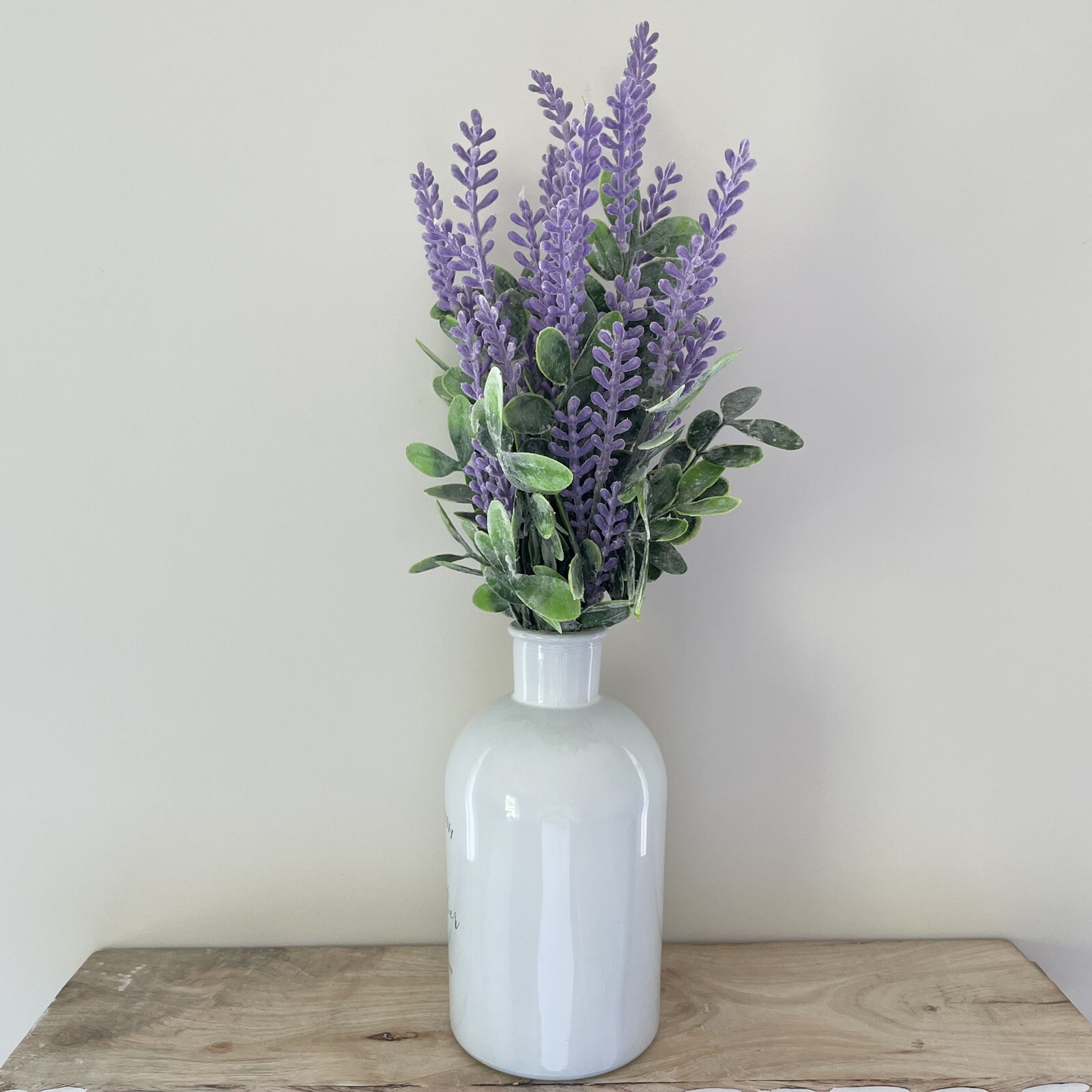 Handmade Artificial Purple Lavender Arrangement In Milk Glass Vase