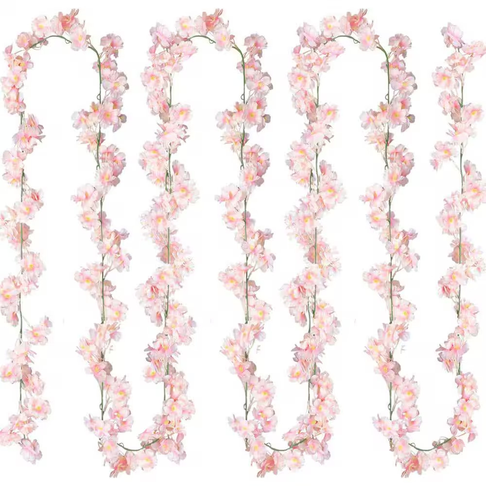 5 In. Pink Artificial Cherry Blossom Flower with Hanging Silk Garland for Home,