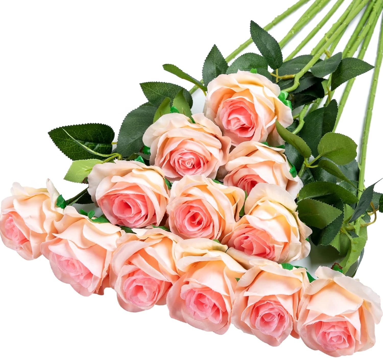 Realistic Gradient Light Pink Roses – 12PCS Long Stem for Everlasting Beauty