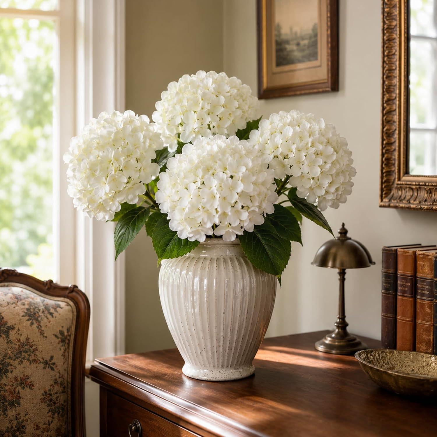 8Pcs UV Resistant White Hydrangea Faux Flowers for Home & Garden Decor