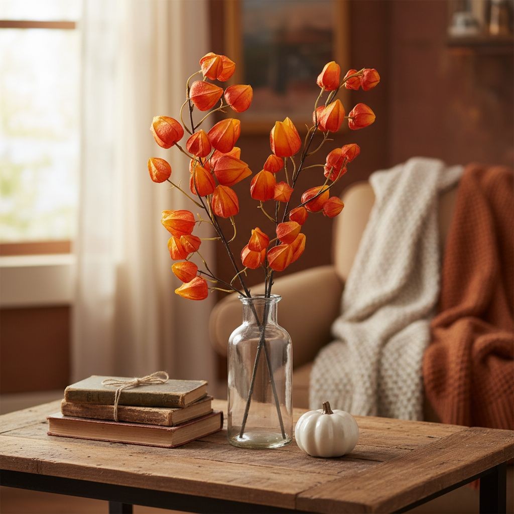 Artificial Orange Chinese Lantern Flower Stems Set of 2 Tall Faux Autumn Branche