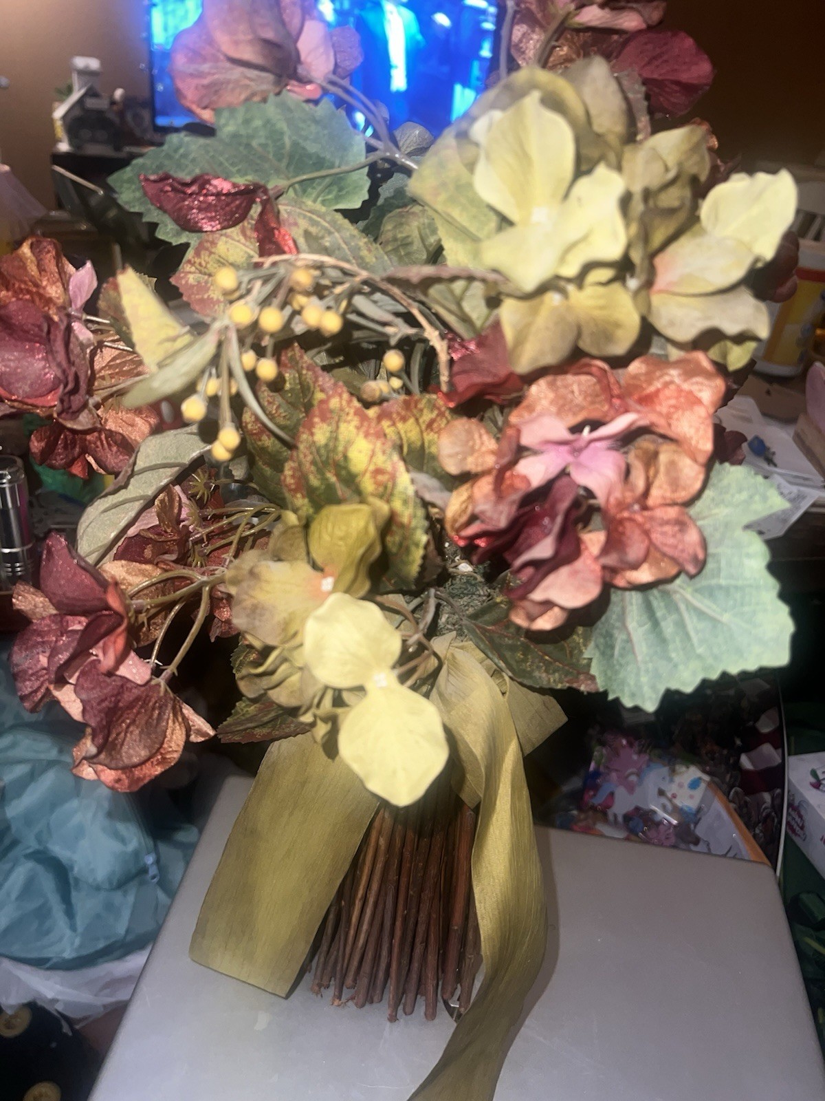 Artificial Hydrangea Bouquet w/Stick Style Vase, Mix Of Cream, Burgundy, & Green
