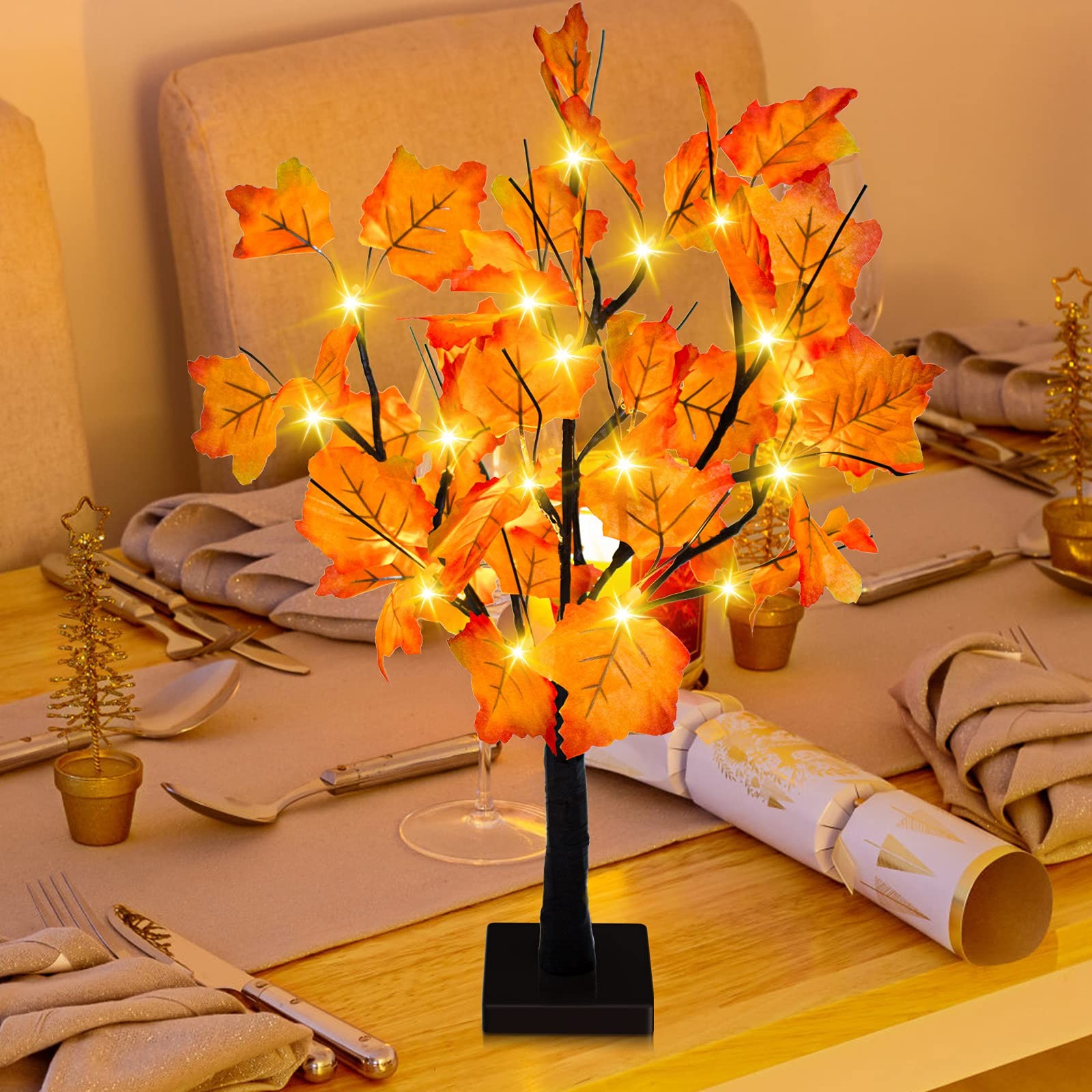 2 Pack 24-inch Fall Lighted Maple Tree, 48 LED Lights, Thanksgiving Decoratio…