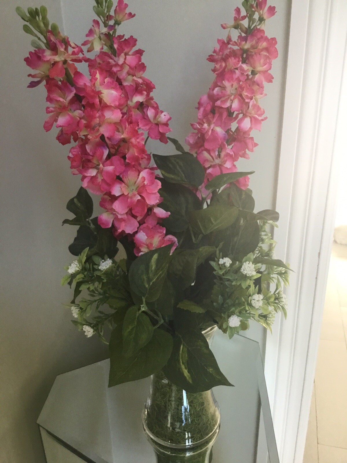 Artificial Flower Arrangement With Pink,white and Green .23×13 With Clear glass