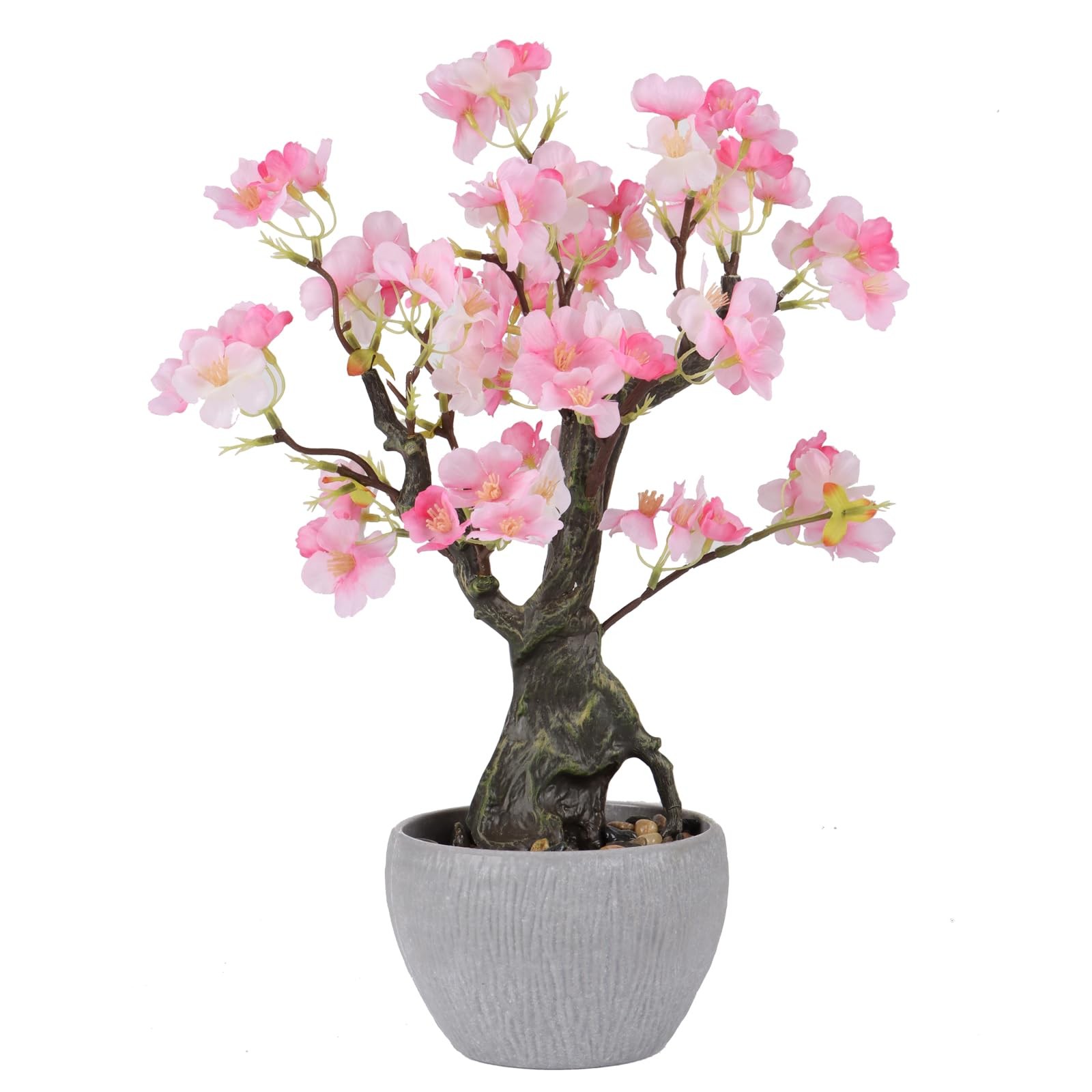 Artificial Pink Cherry Floral Potted,15.7” Tall Fake Bonsai Flowers Tree,Blo…