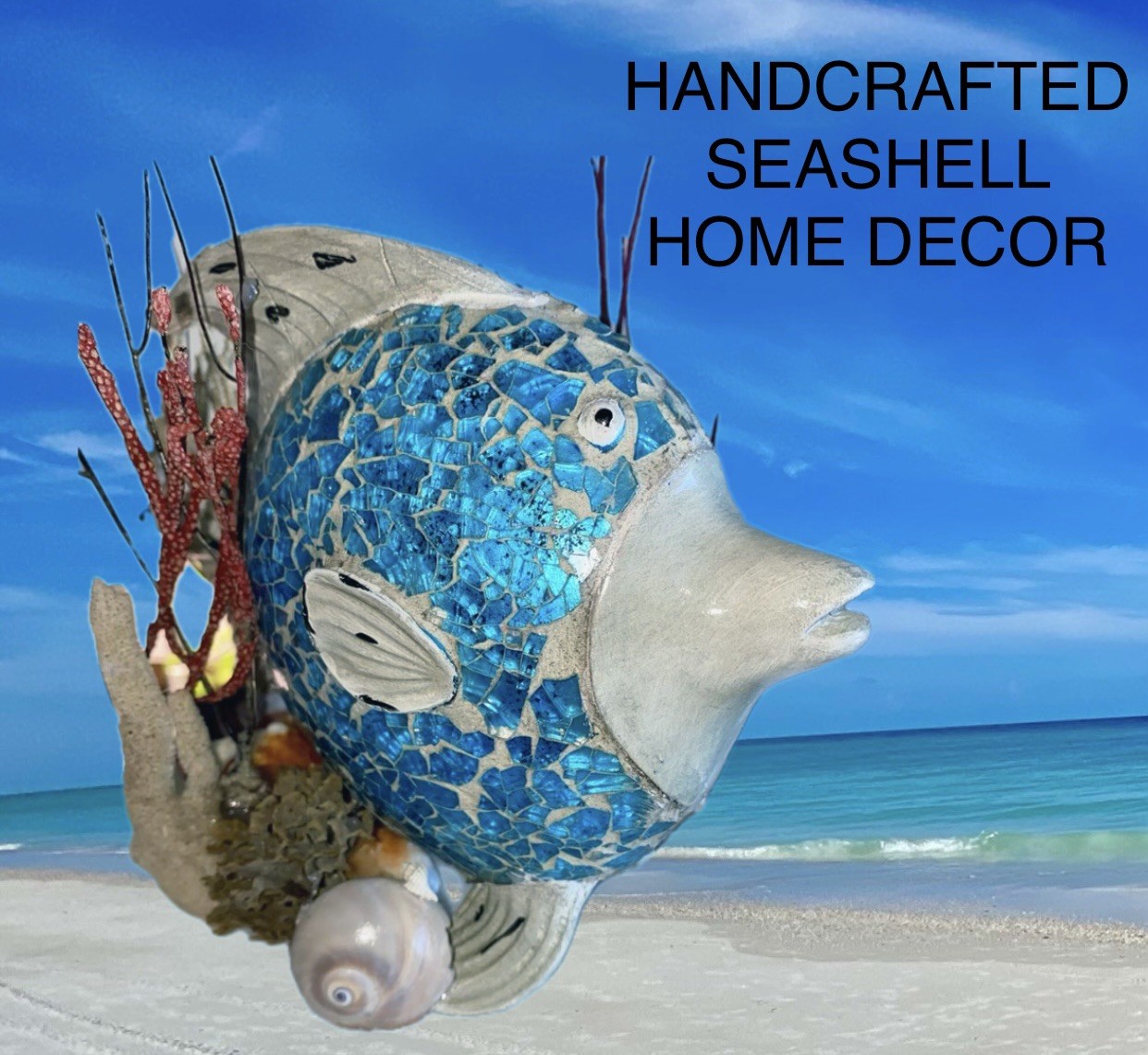 Under The Sea Teal Fish Arrangement, Table Art, Swimming Fish, Seashells