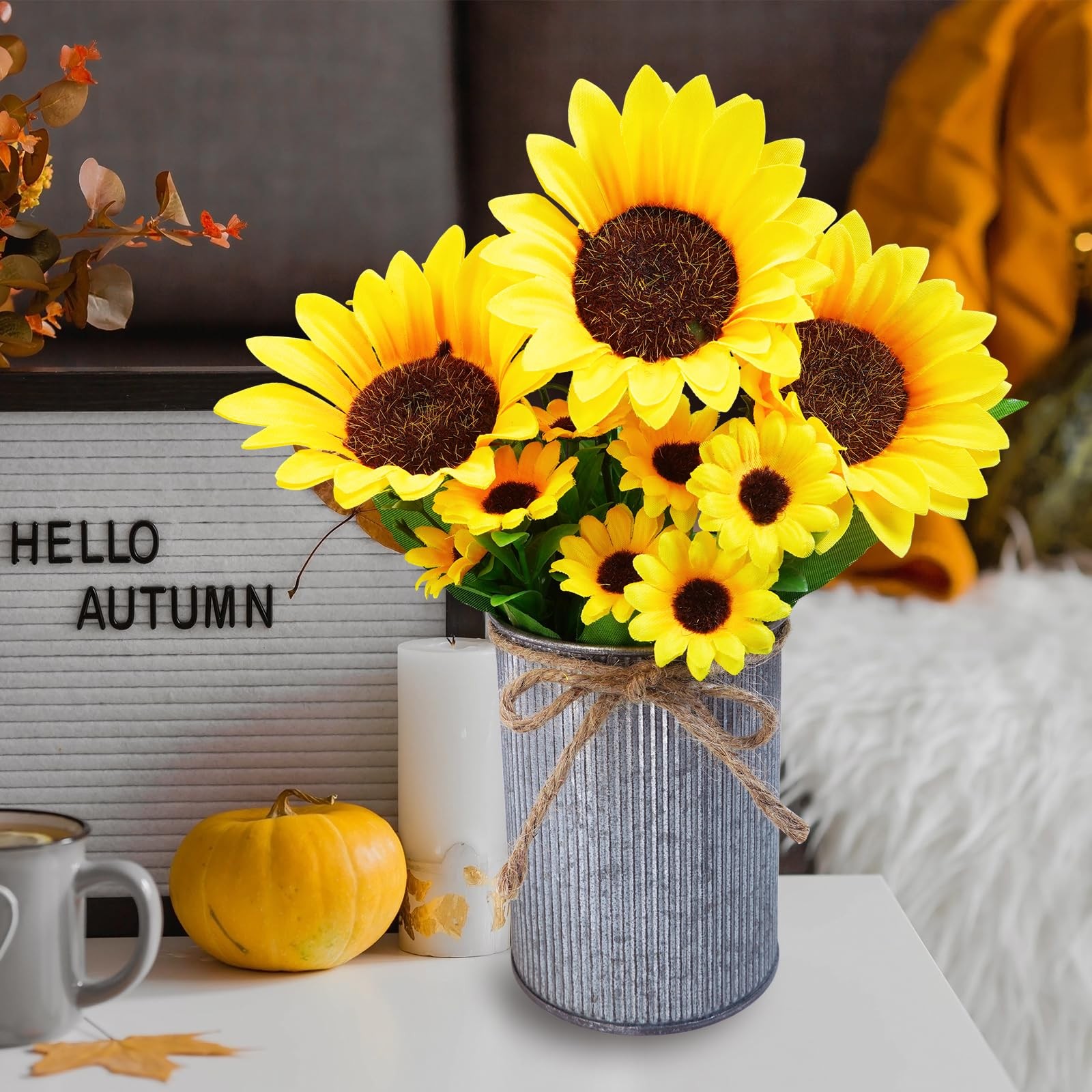 Set of 3 Artificial Sunflowers Metal Pot Centerpiece Farmhouse Sunflowers Flo…