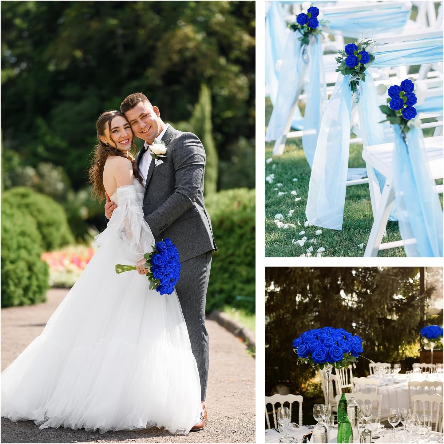Bulk Artificial Flowers 50 PCS Fake Velvet Silk Blue Roses W/ Long Stems