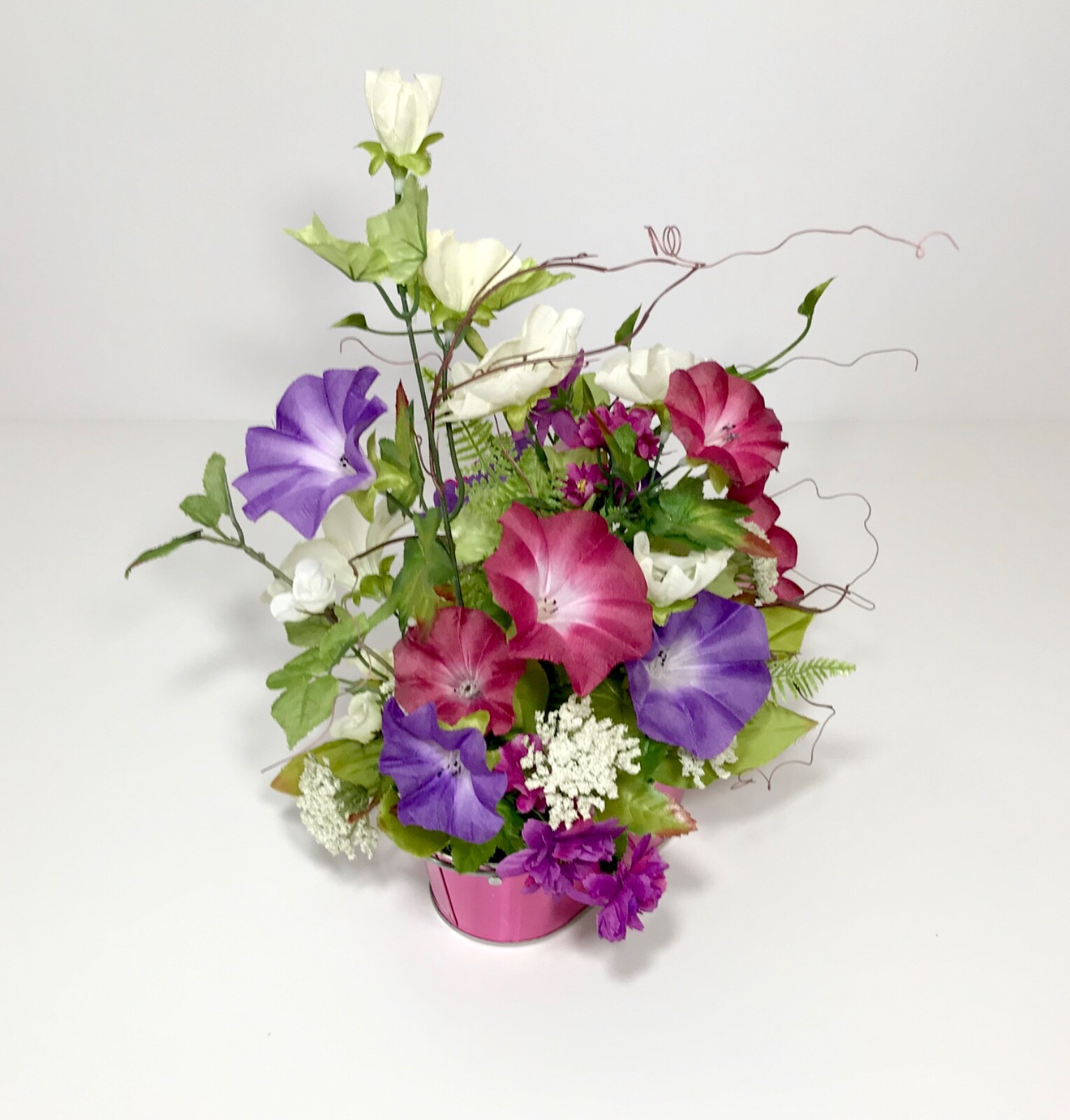 SMALL VARIETY FLORAL ARRANGEMENT NEON PINK METAL TUB SUMMER FLOWERS CENTERPIECE