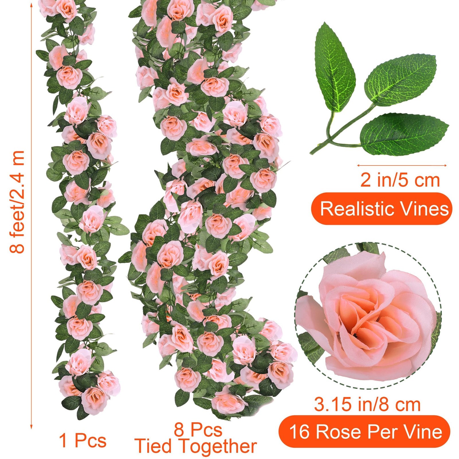 Aneco 8 Pack 64 FT Pink Flower Artificial Rose Vines Roses Fake Vine Flowers …