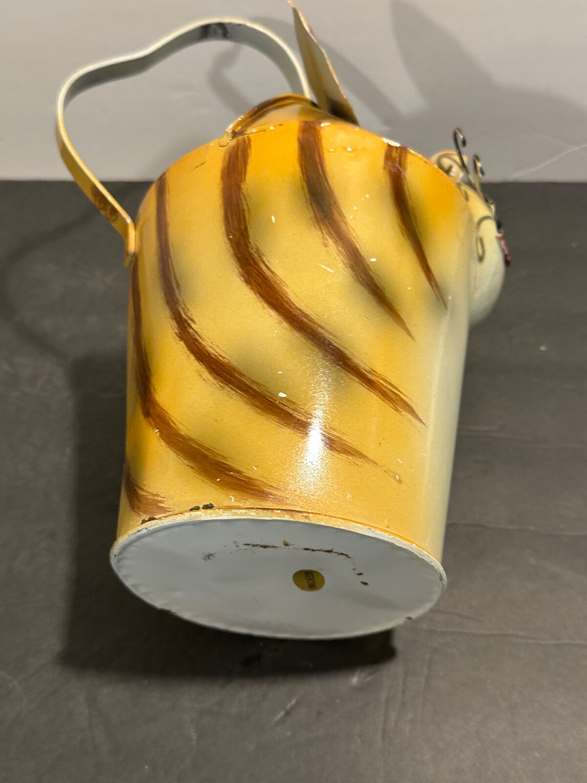 Metal Hand-Painted & Distressed Whimsical Yellow Tabby Kitty Cat Watering Can