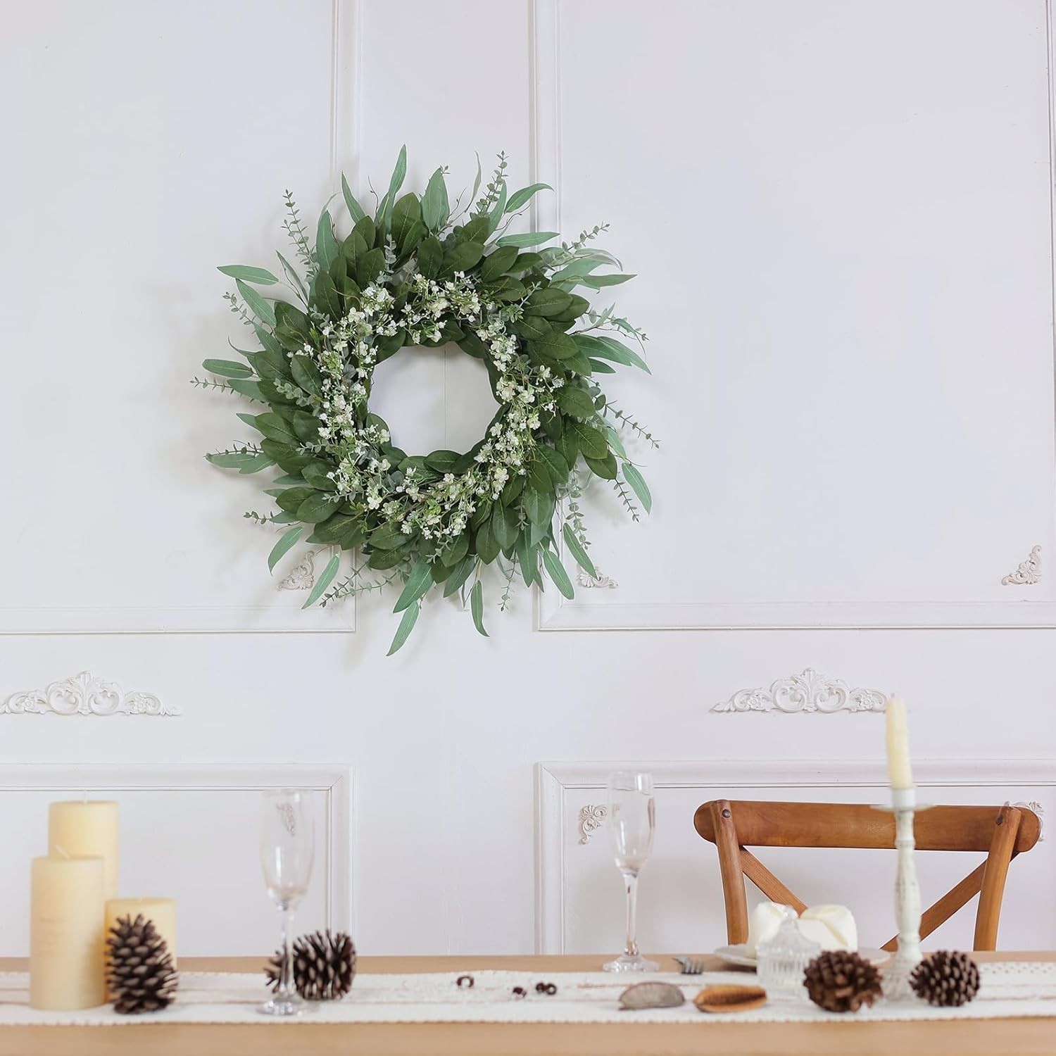 26-Inch Eucalyptus and Babys Breath Wreath for Front Door All-Season Indoor O…