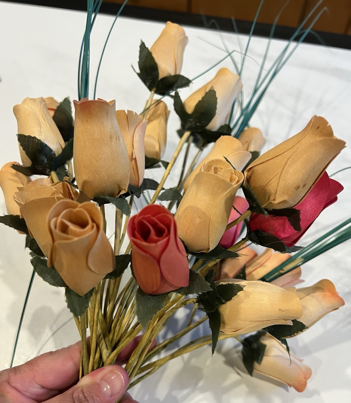 2 dozen Shaved Wood Rose Buds on stems, Cream and Rose Colors