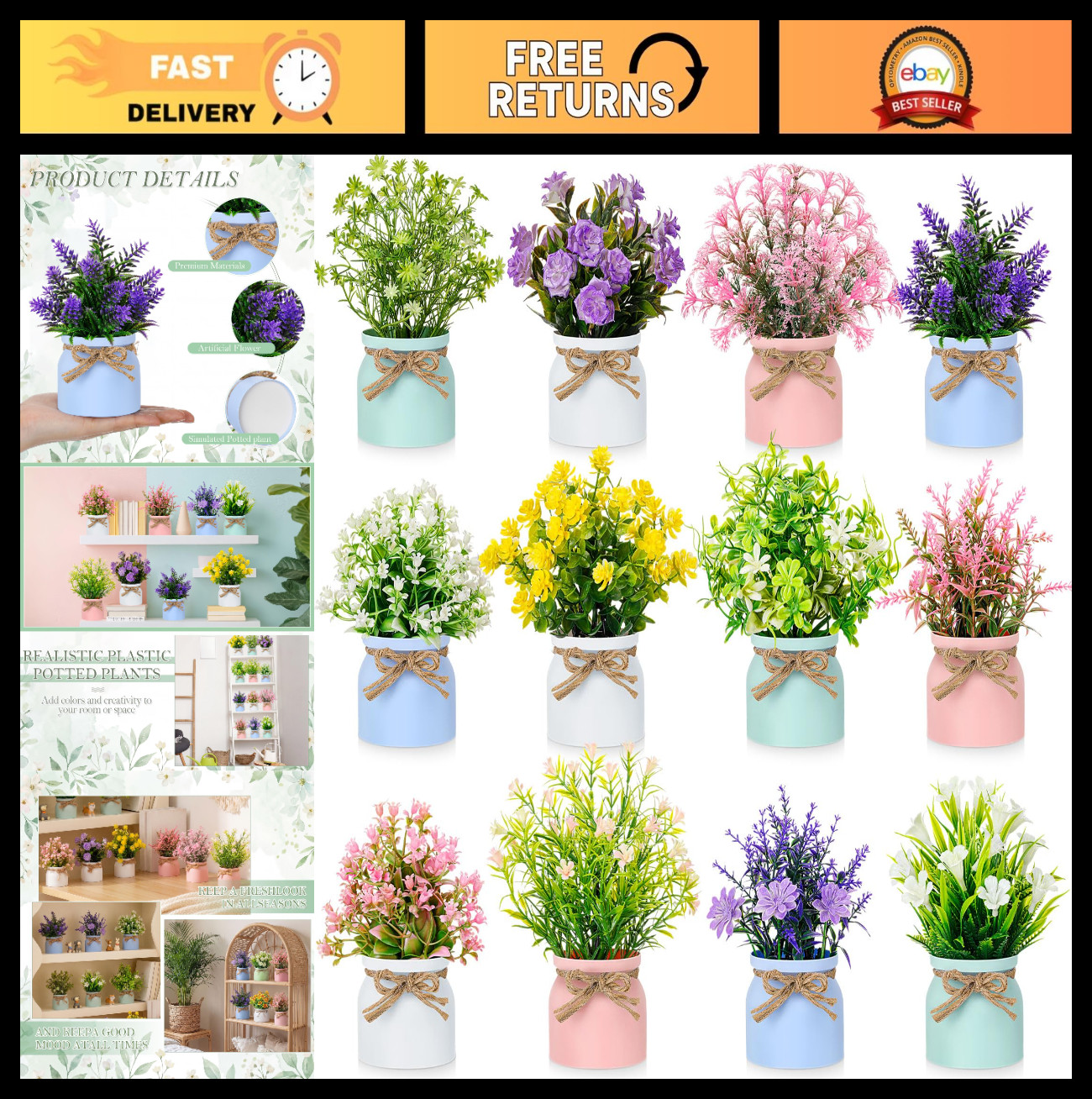 12 Pcs Mini Faux Potted Plants – Colorful Artificial Flowers for Home, Office, T