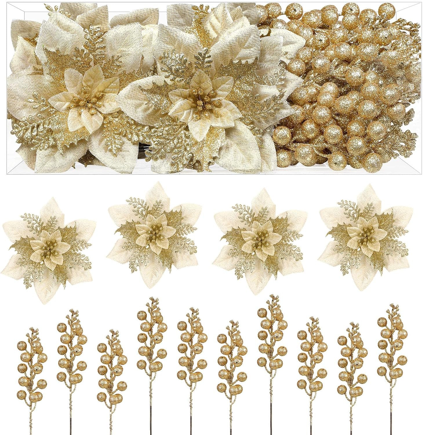 24Pc Gold Christmas Tree Decorations, 12 Poinsettia Flowers & 12 Glitter Picks