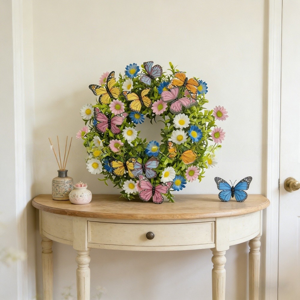 Lightweight 180g Spring Wreath Butterflies Daisies Eucalyptus 35cm For Home Use