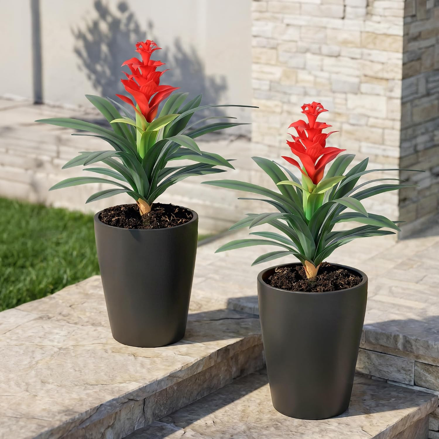 UV Resistant Bromeliad Artificial Flowers, 2 Pcs for Outdoor & Indoor Decor