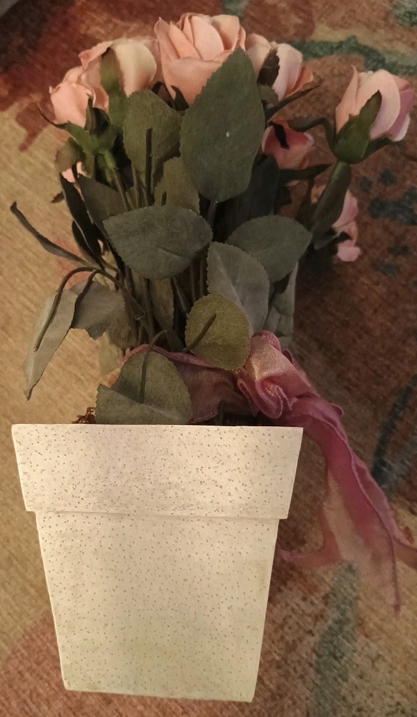 TOP DESIGNS Pink bud ROSES on stems in Resin Tan Rectangle planter FLORAL DECOR