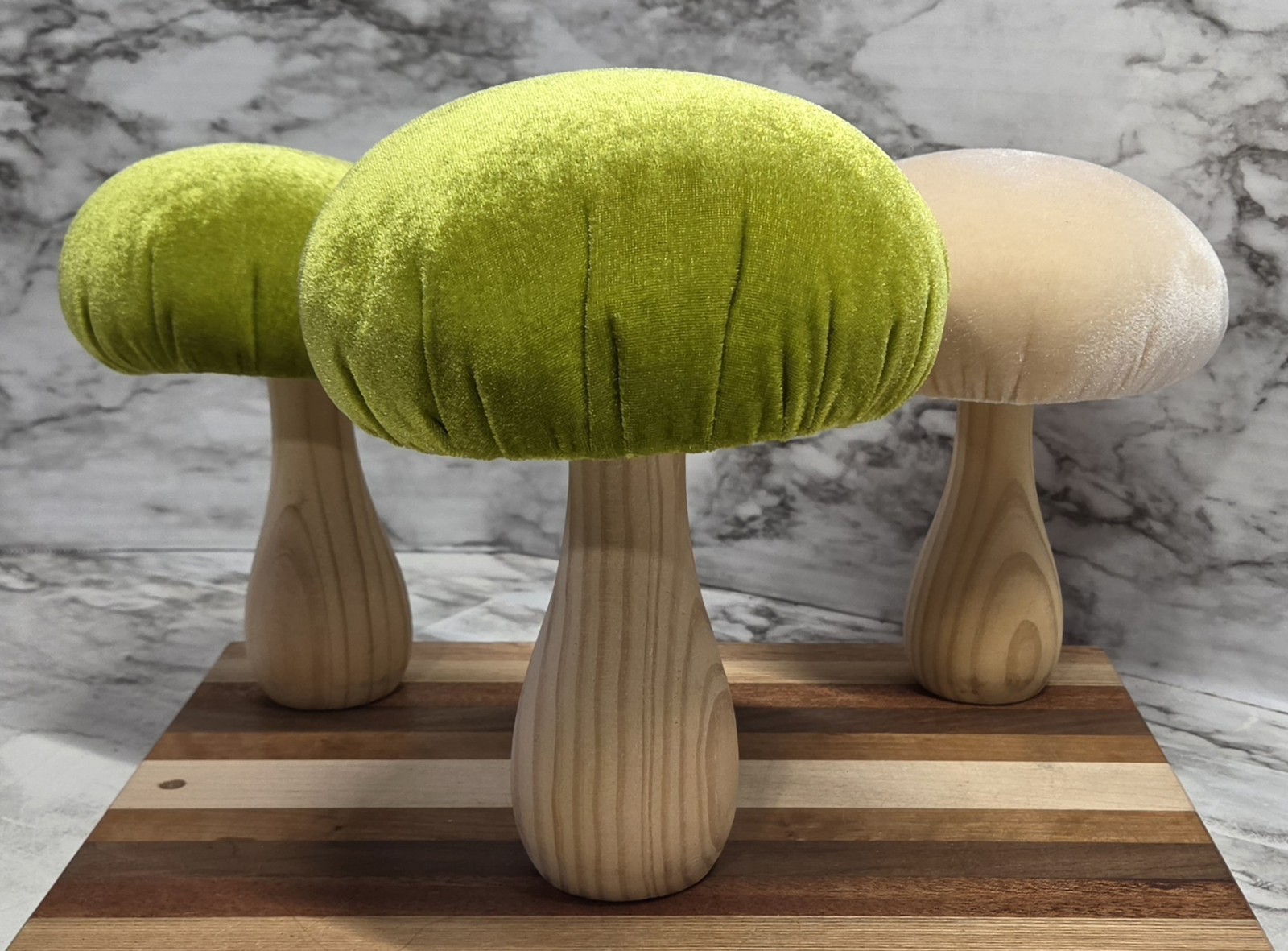 Mushrooms Set Of 3 Cream Green Wood & Velvet 2 Sizes Spring Summer Decor…