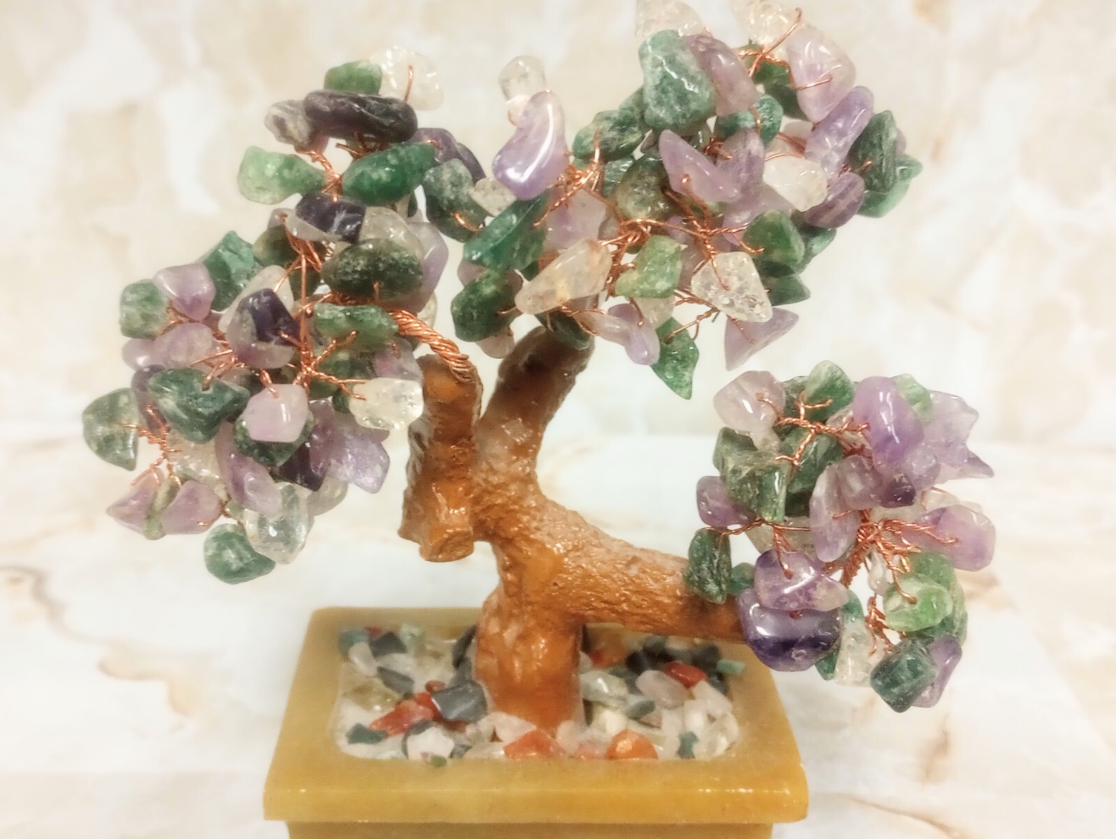 Japanese Amethyst Quartz Gemstone Bonsai Tree In Stone Pot 5.5″