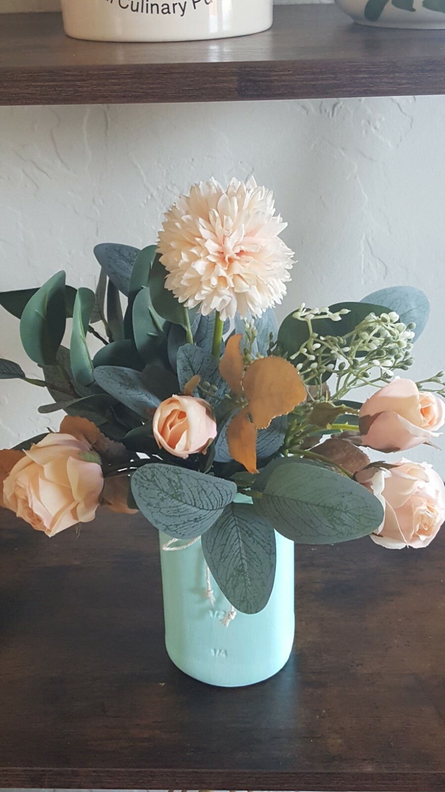 Elegant Rustic FarmHouse Decor Florwer Arrangement Painted Mint Green Mason Jar