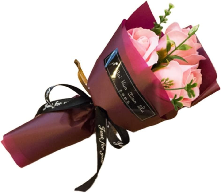Light Pink 3 Heads Artificial Rose Bouquet Soap Flower Petals Valentine Day G…