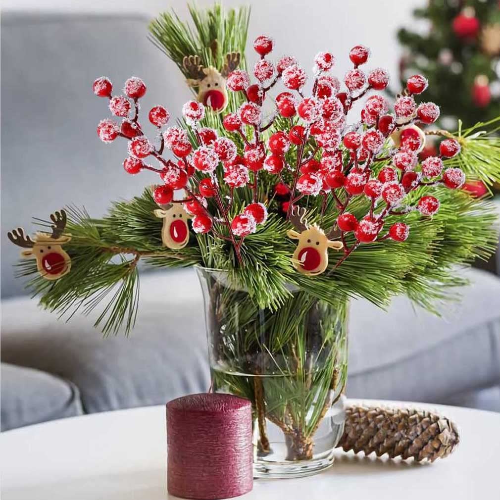 24 PCS Artificial Holly Berry Stem Picks with Snowflake Glitter Christmas Tre…