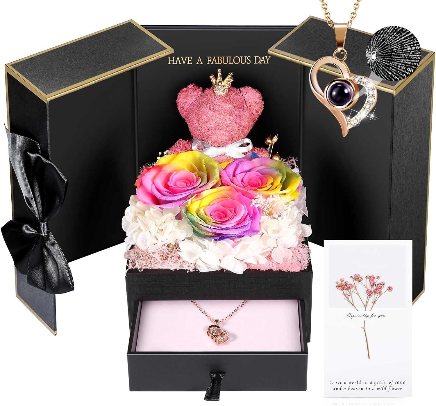 Luxurious Rainbow Rose and Gold Necklace Gift for Special Women – Ready to Gift