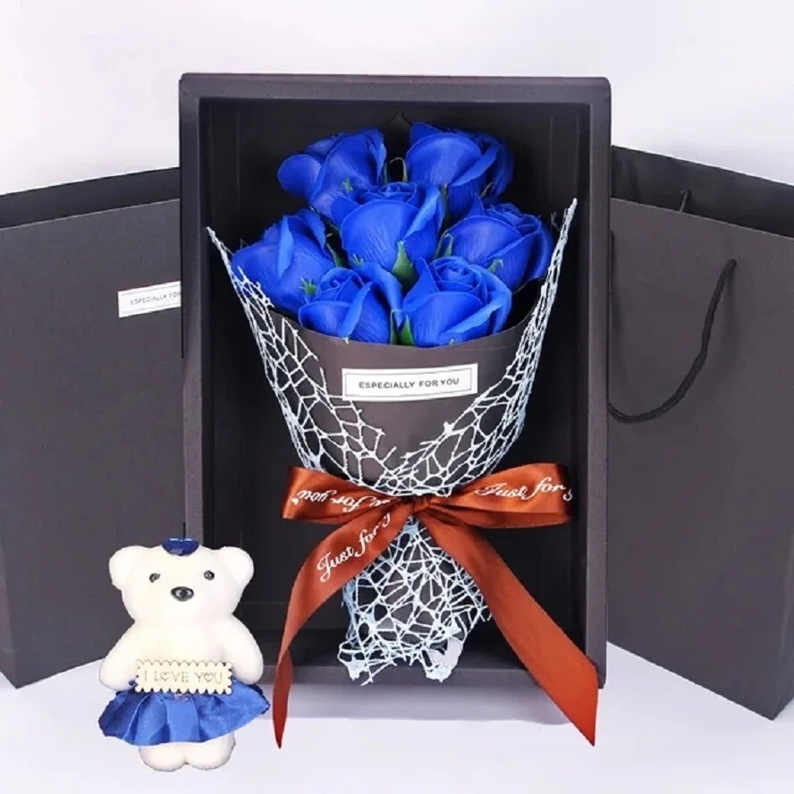 Valentine’s Day Artificial Flowers 7 Rose Soap Bouquet Gift Box Teddy Bear