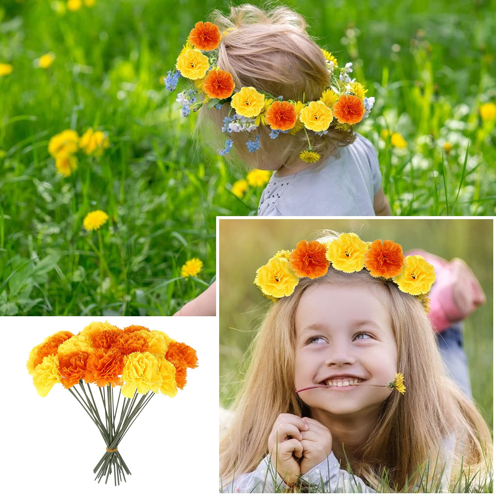 Artificial Marigold Flower Heads Bulk Bunch Fake Halloween with Stems for Par