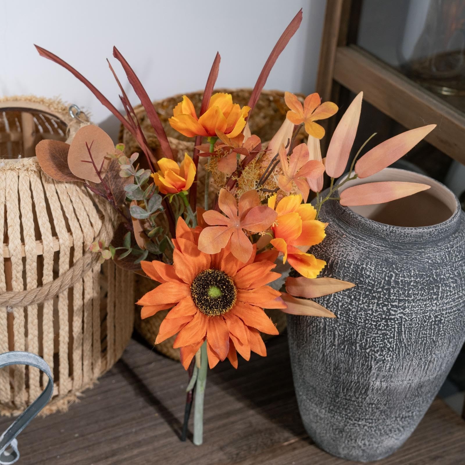 Fall Artificial Flowers 18.5 Inch Autumn Fake Silk Orange Sunflower Wedding
