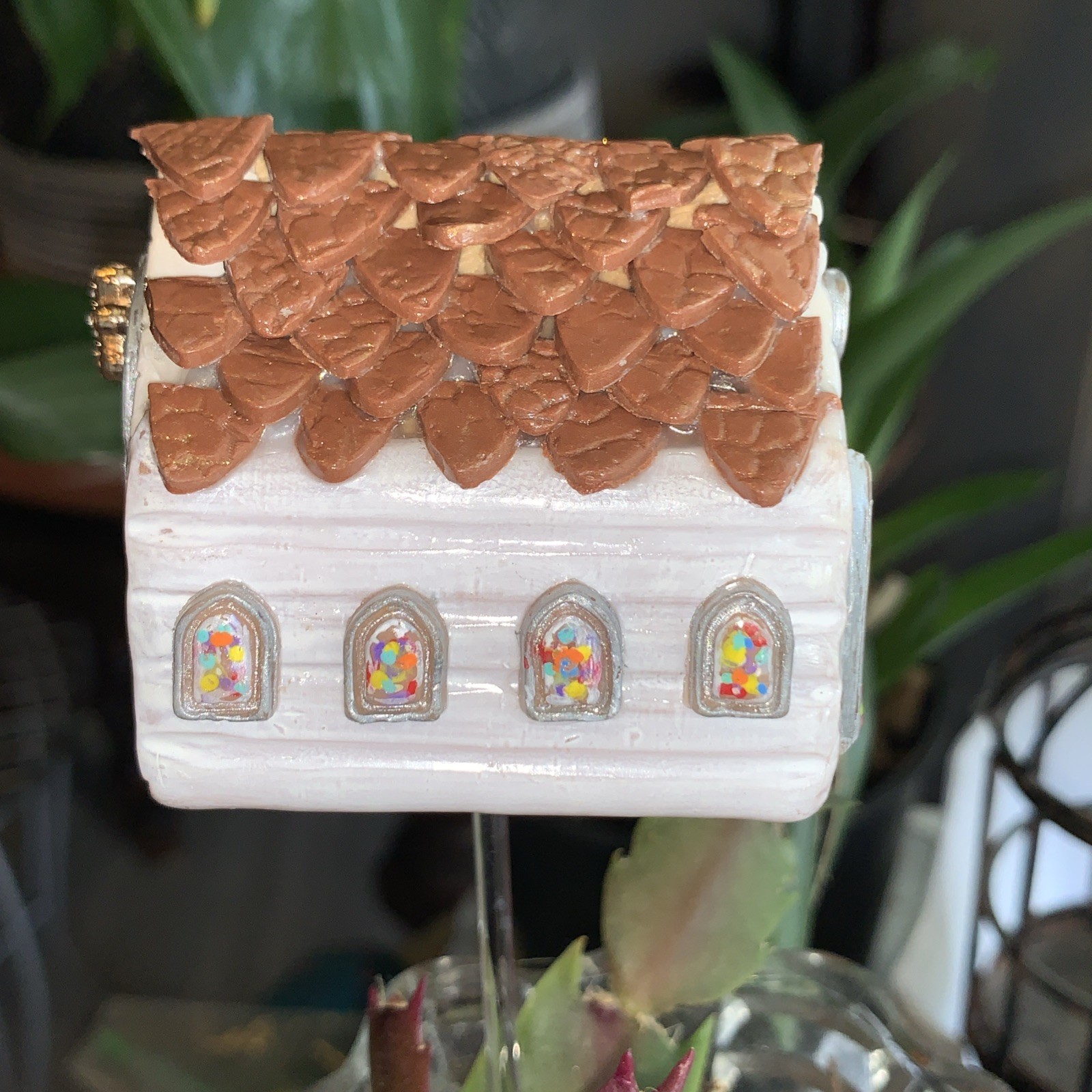 Handmade One Of A Kind Polymer Clay Church With Stained Glass Window Plant Stick