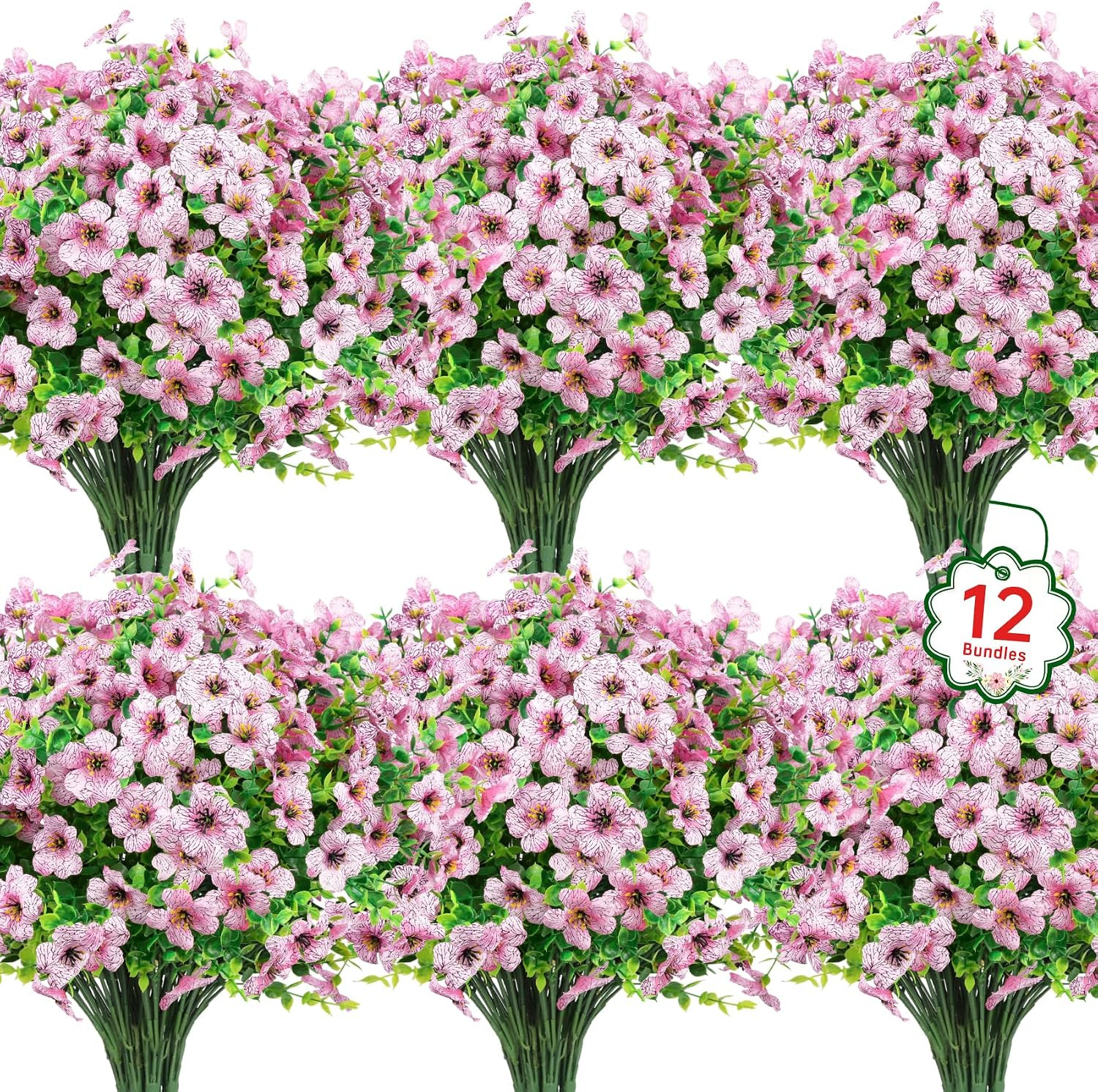 12 Bundles Artificial Flowers for Outdoors, UV Resistant, Pink
