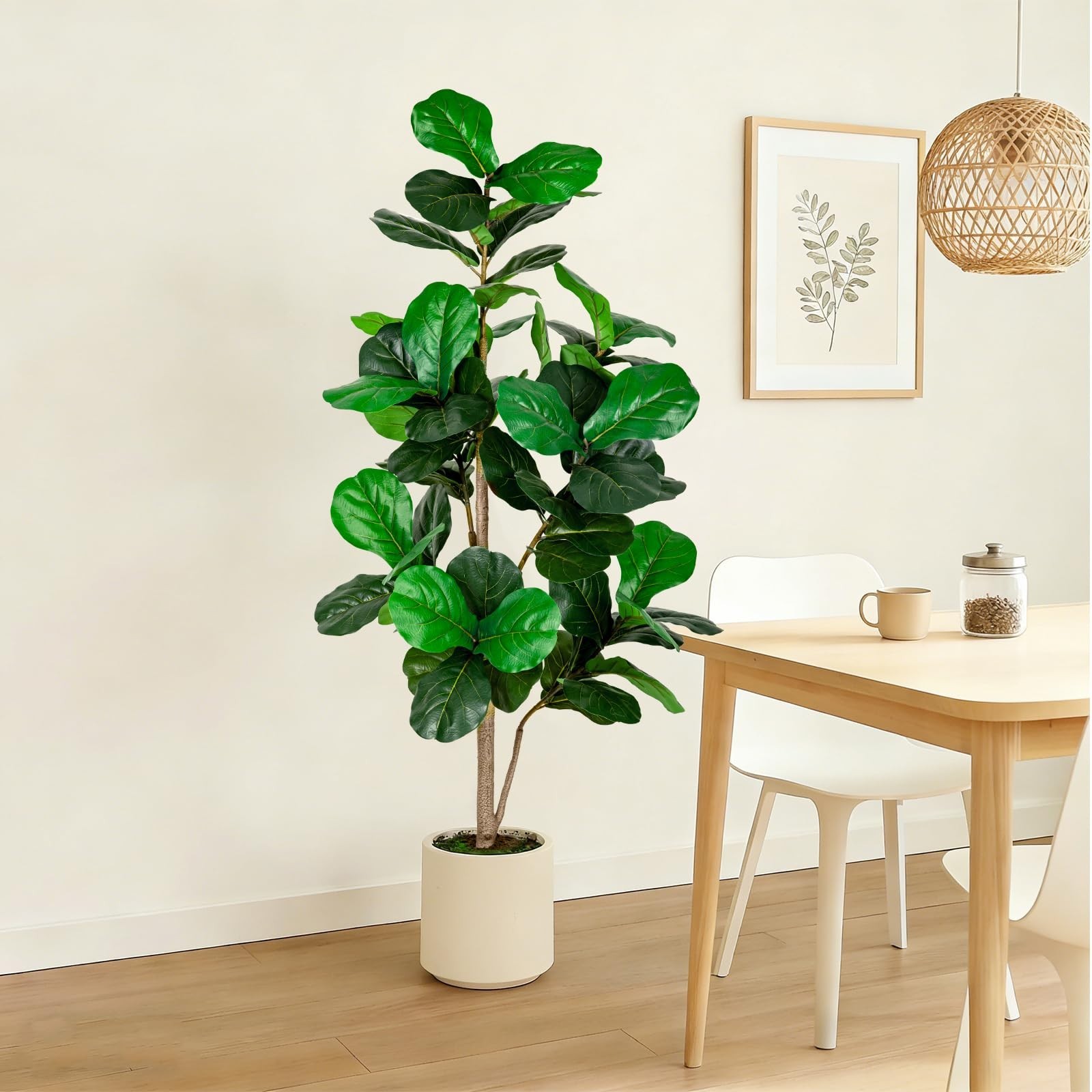 5FT Fiddle Leaf Fig Artificial Tree with White Planter Pot – Faux Floor Plant fo