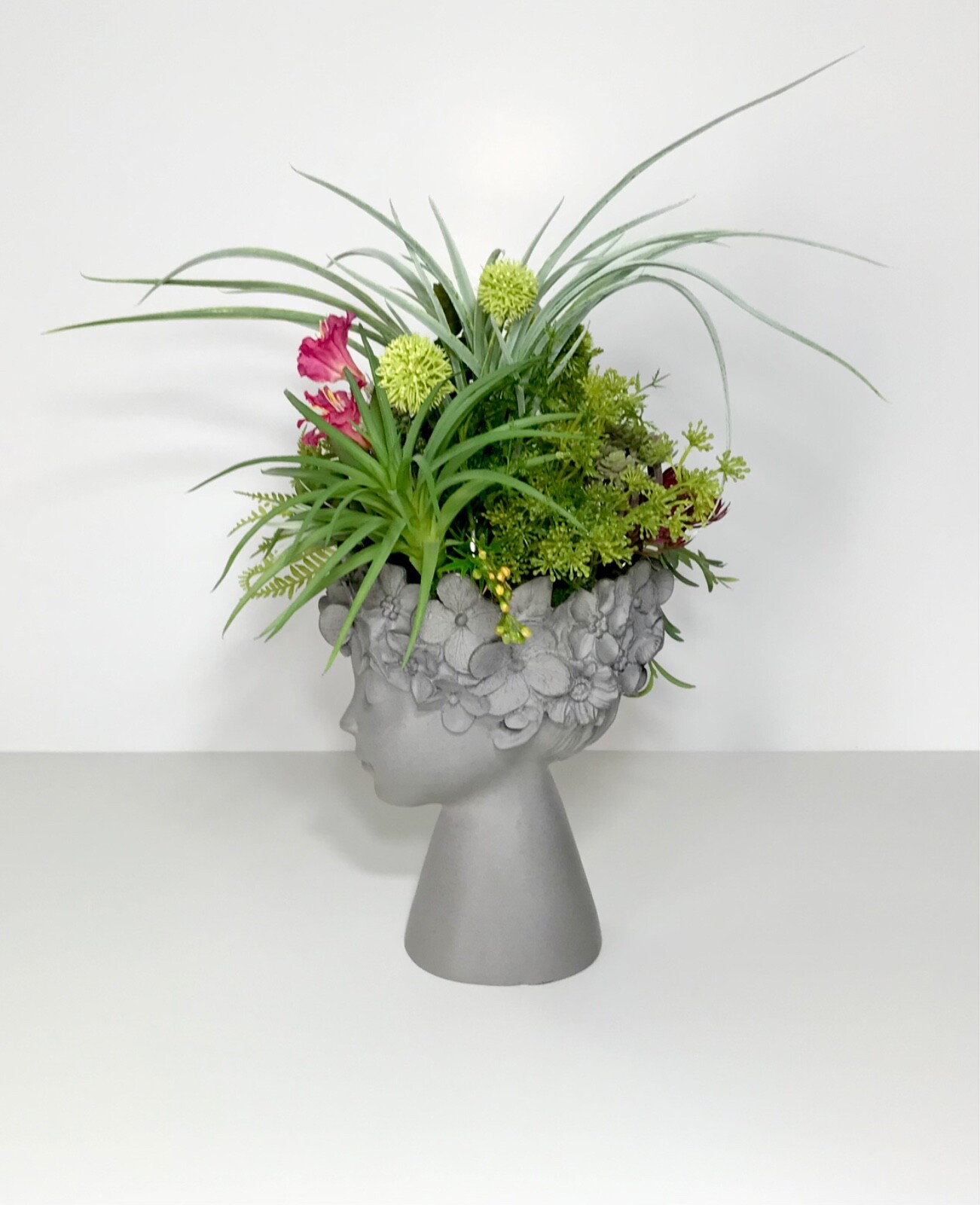 FAIRY GODDESS HEAD VASE FAUX BLOOMING CACTUS SUCCULENTS ARRANGEMENT GIFT NEW