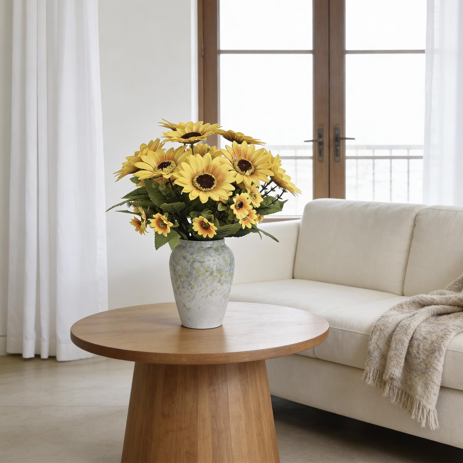 14″ Artificial Sunflowers Arrangement in Green & Blue Speckled Ceramic Vase â€“