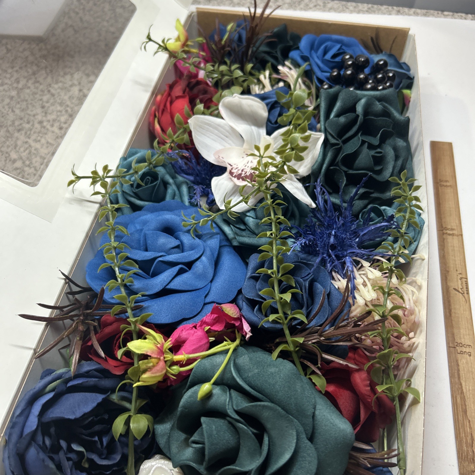 Ling’s Moment Fake Flowers Box, Foam Roses Artificial Fern Berry Faux Blue Navy