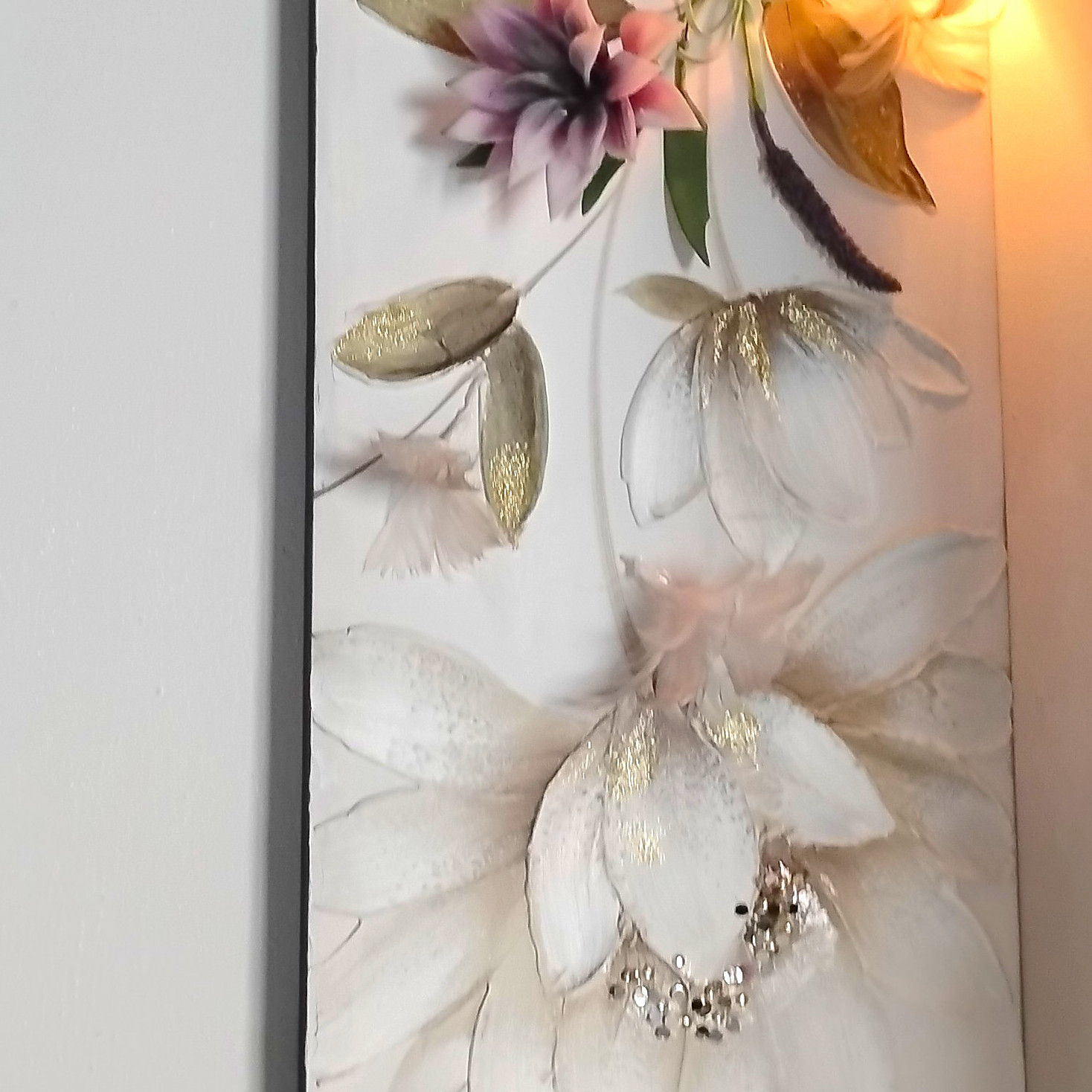 2 Artificial Floral Wall Decor Panel Arrangement, White Gold Pink Purple Green