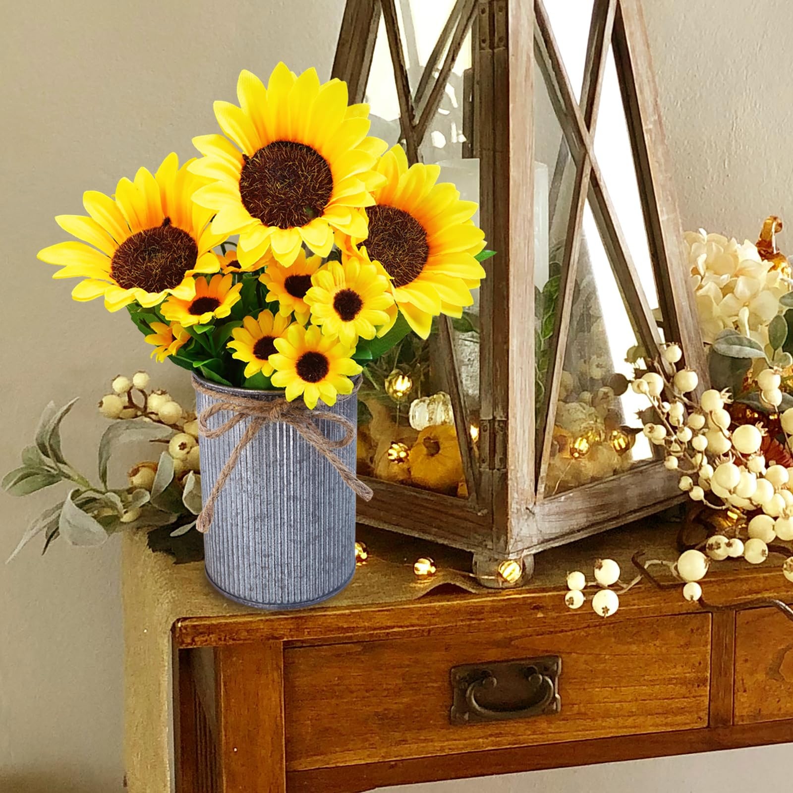 Set of 3 Artificial Sunflowers Metal Pot Centerpiece Farmhouse Sunflowers Flo…