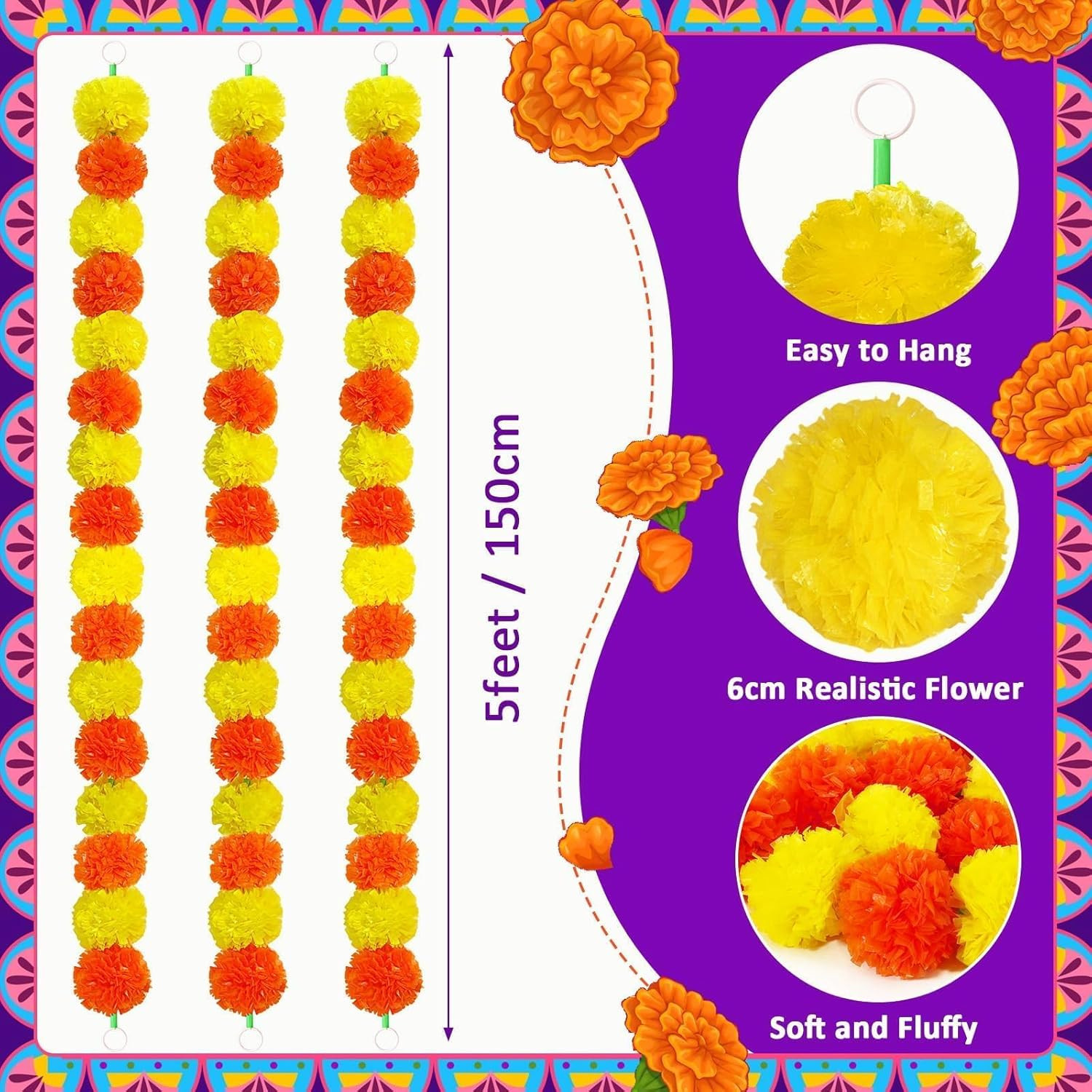 3 Pcs Marigold Garland for Decoration, 5 Feet Artificial Marigold Flowers Gar…