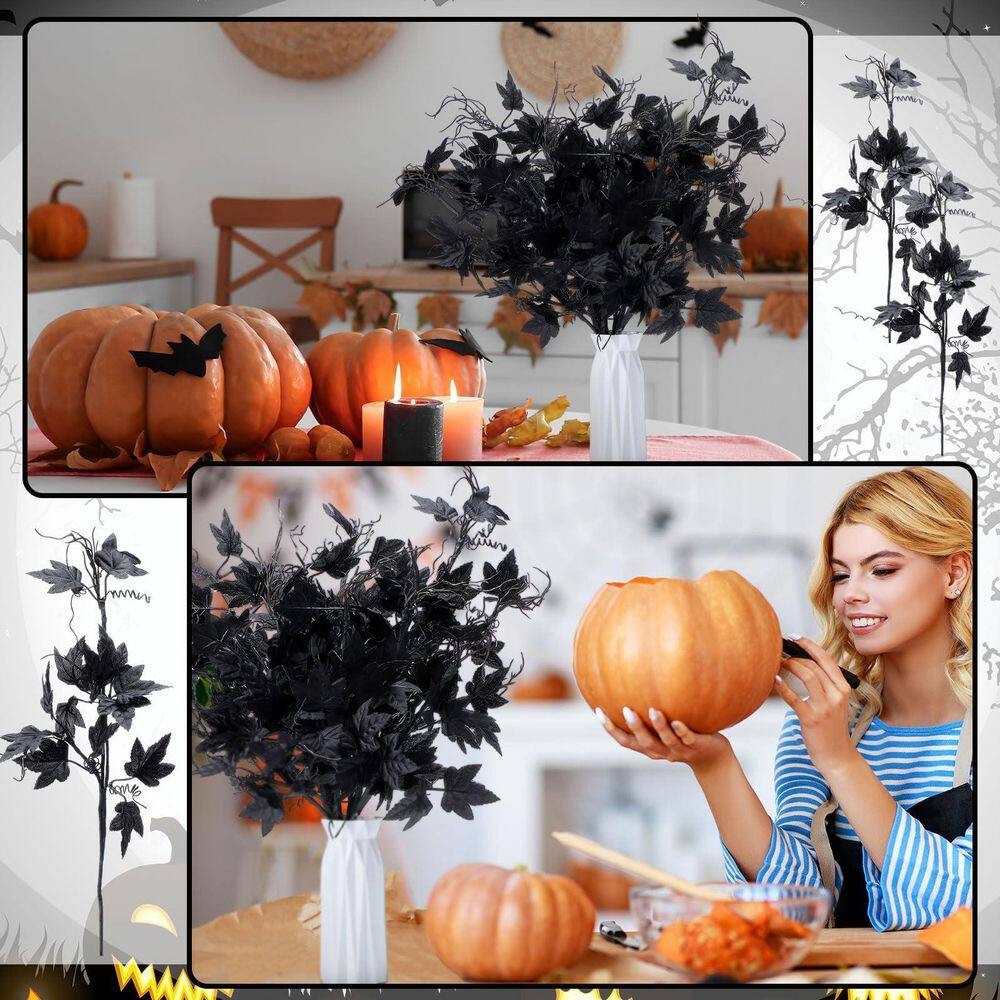 12 Pcs 19.7 In. Black Artificial Maple Leaf Branch Stem Halloween Gothic Floral