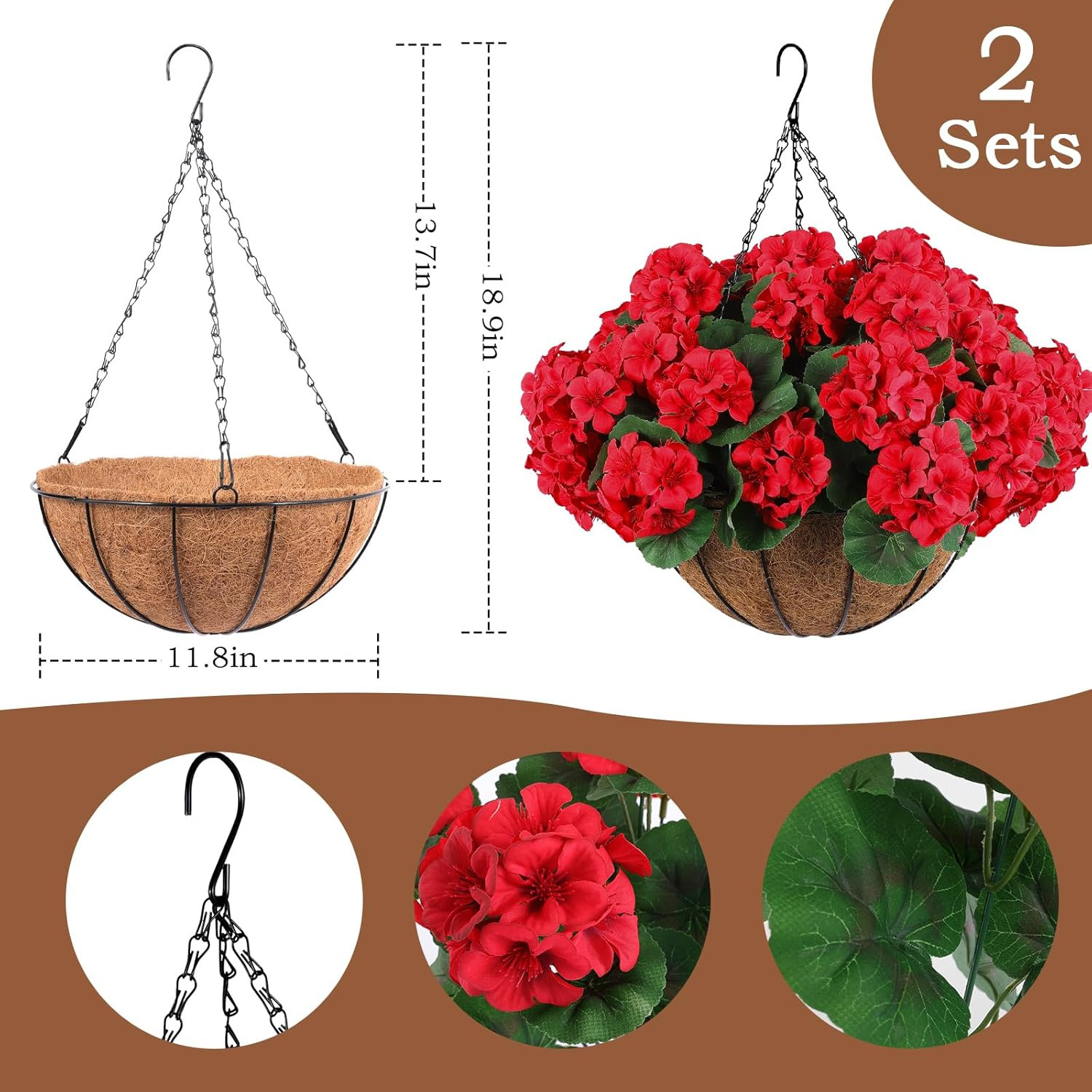 2 Set Red Geraniums with Hanging Baskets for Outdoor Decor – 12 Pcs